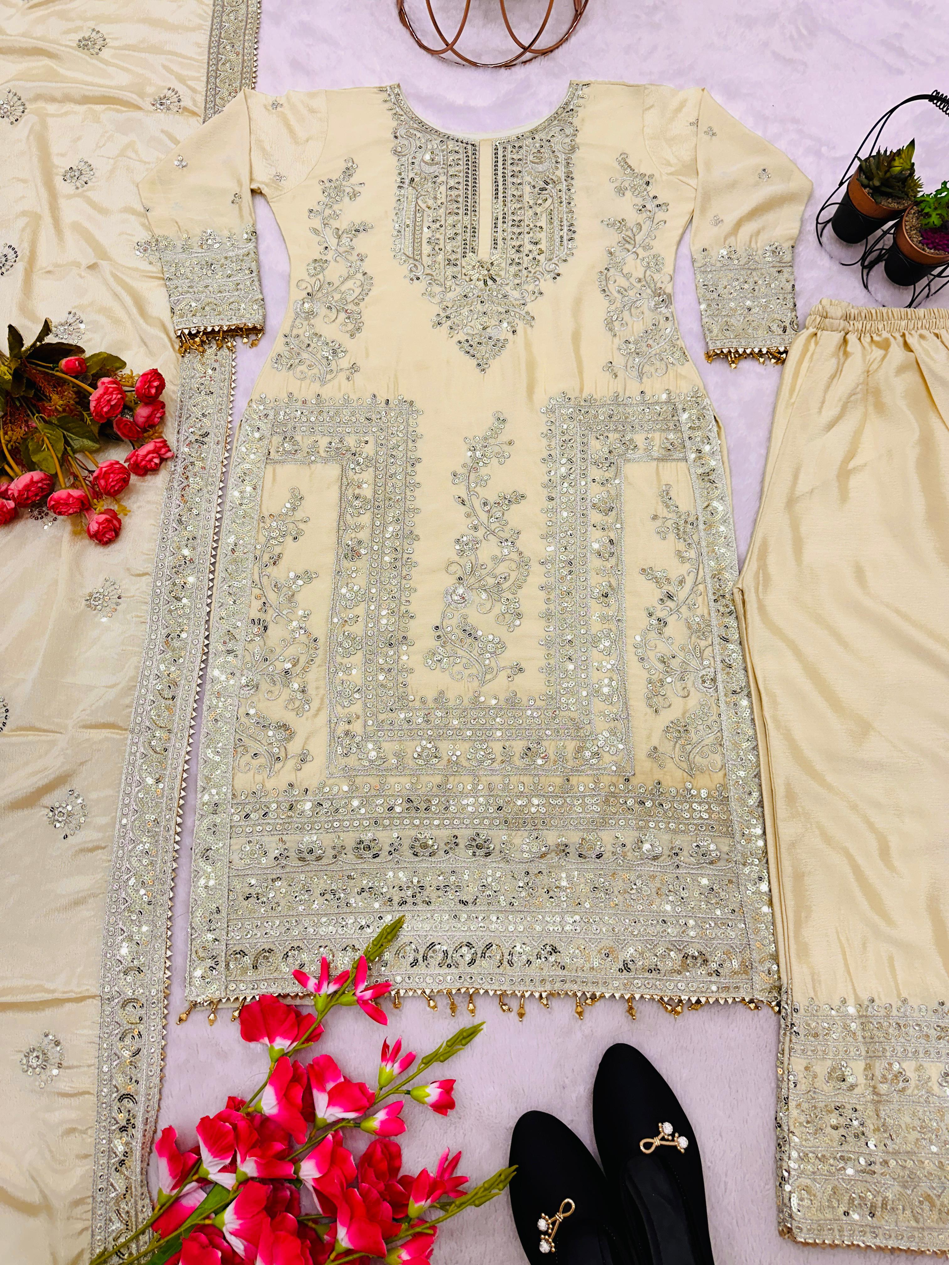 Mesmerizing  Embroidery Work Cream Color Sharara Suit