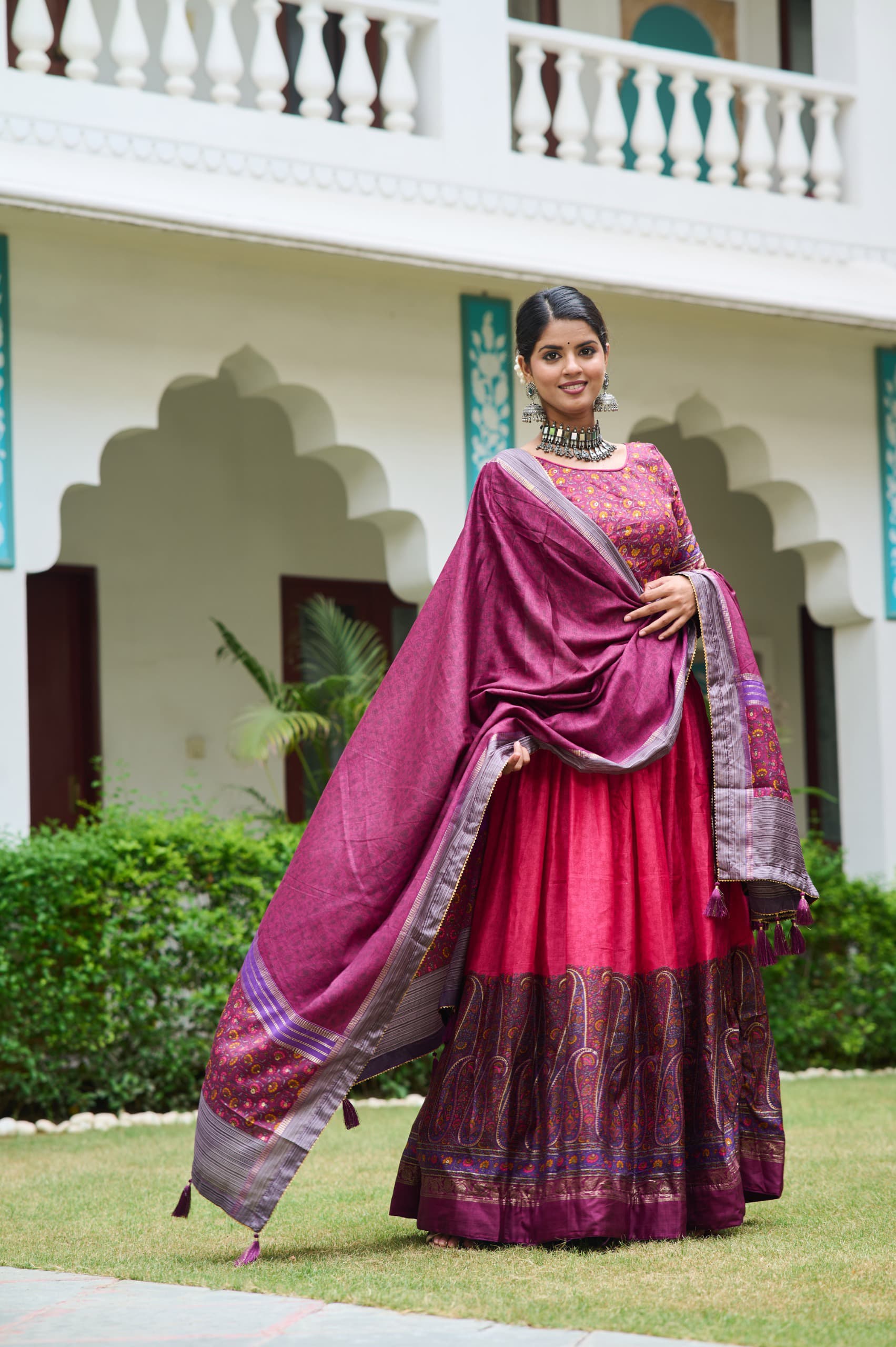 Captivating Kashmiri Print Pink Color Lehenga Choli