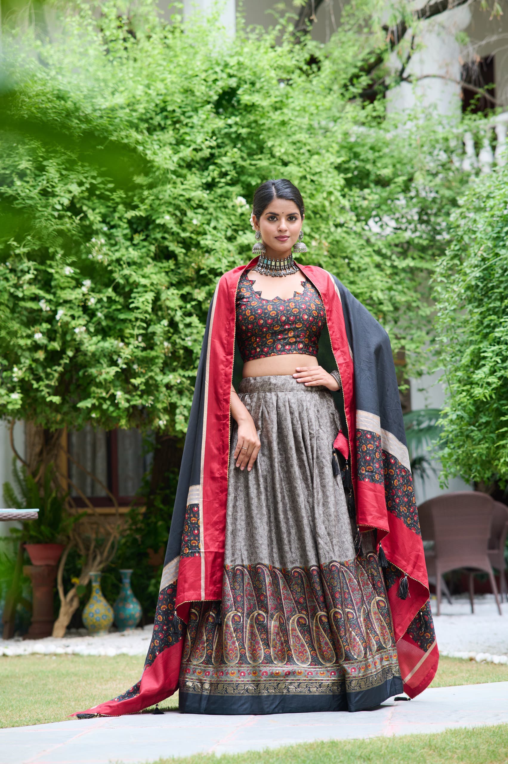 Captivating Kashmiri Print Grey Color Lehenga Choli