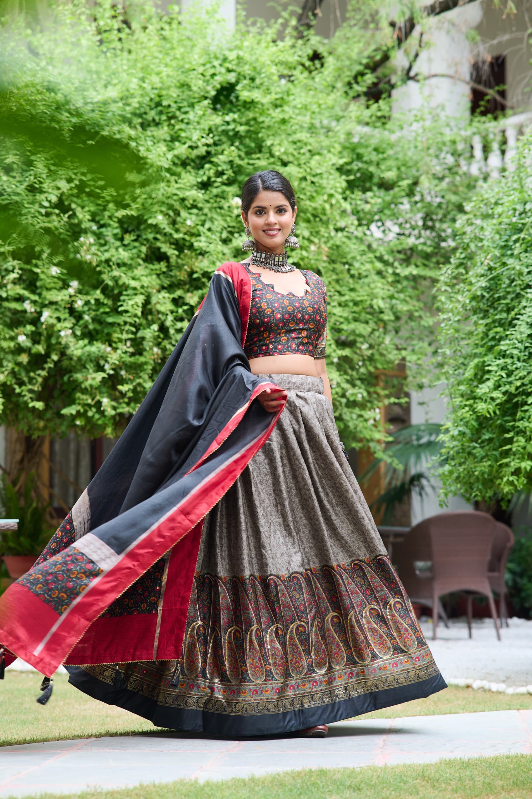 Captivating Kashmiri Print Grey Color Lehenga Choli