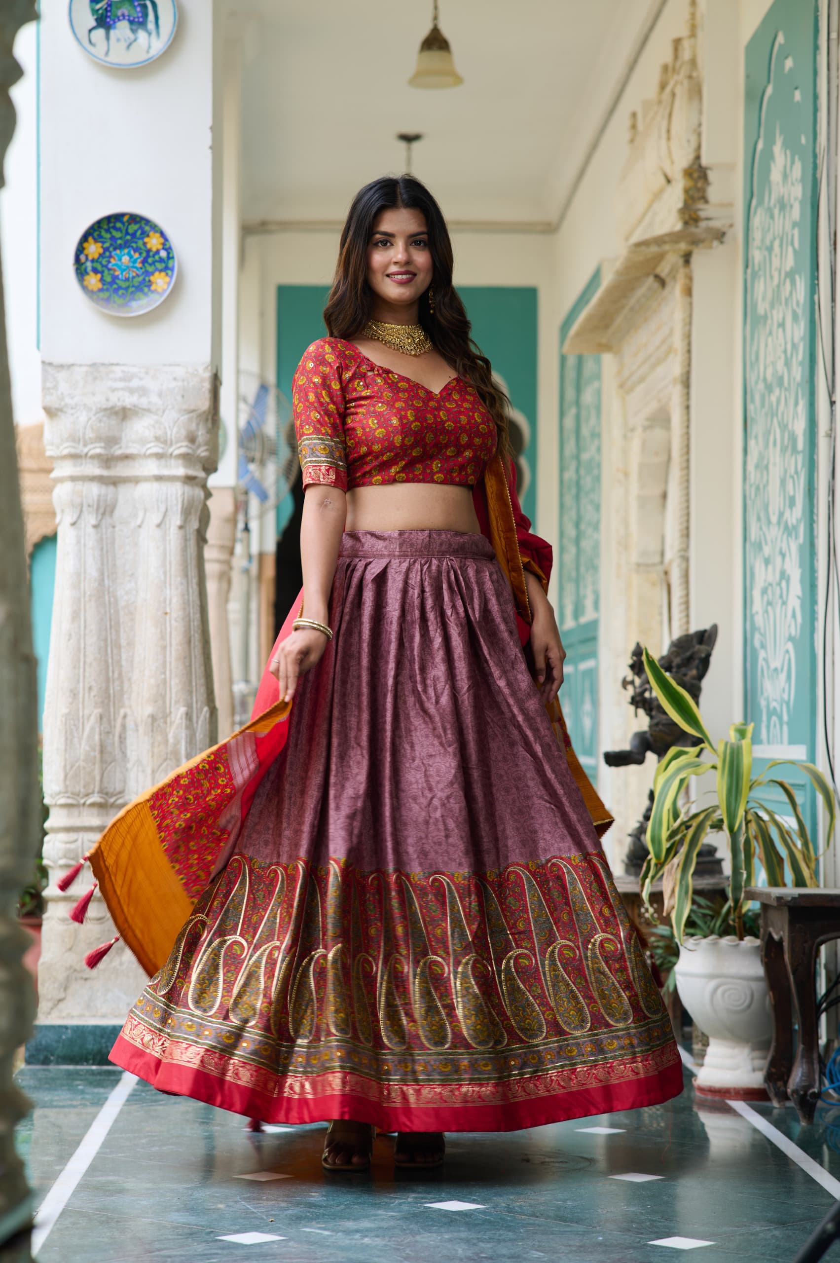 Captivating Kashmiri Print Dusty Pink Color Lehenga Choli