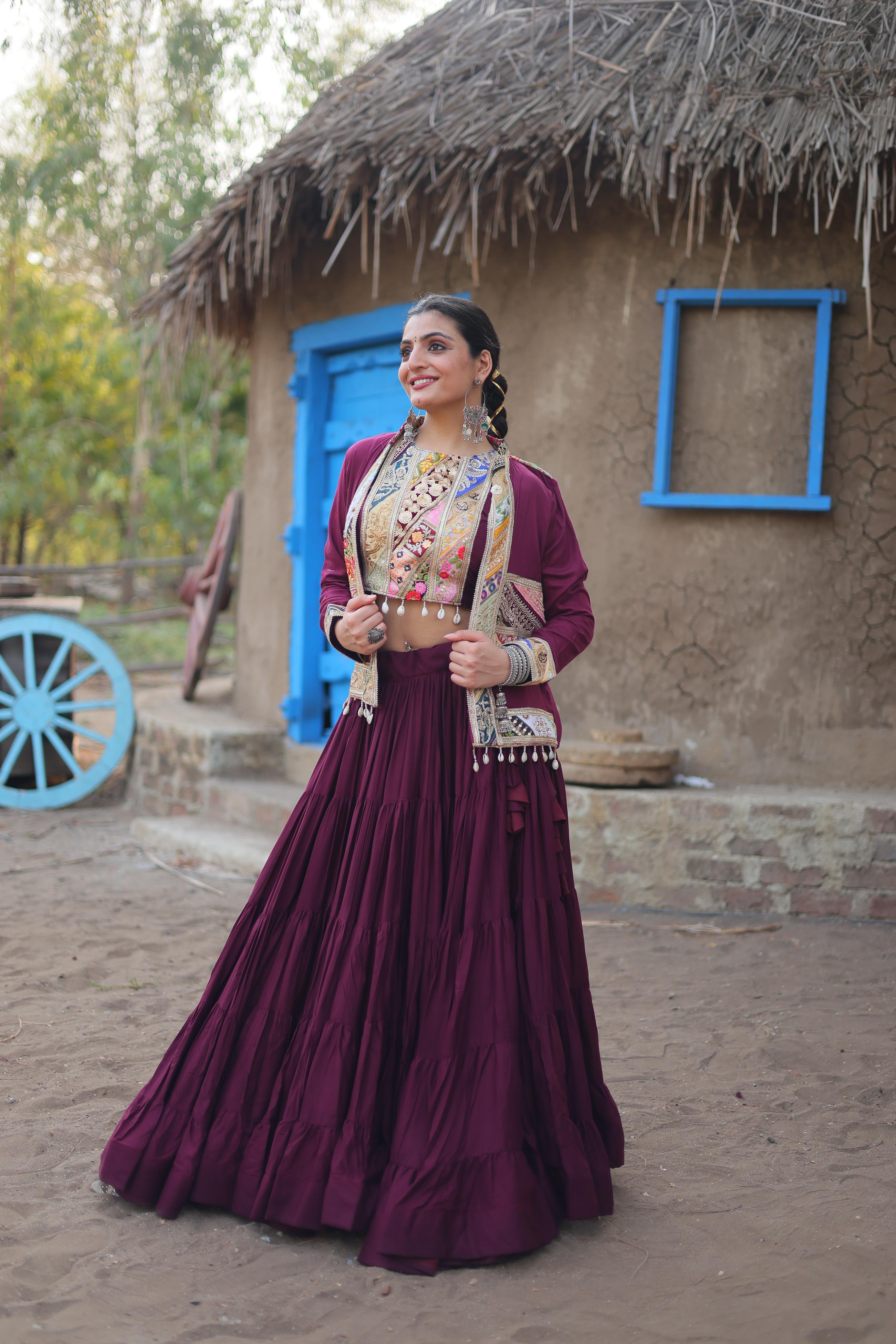 Designer Wine Color Ruffle Lehenga Choli With Work Koti