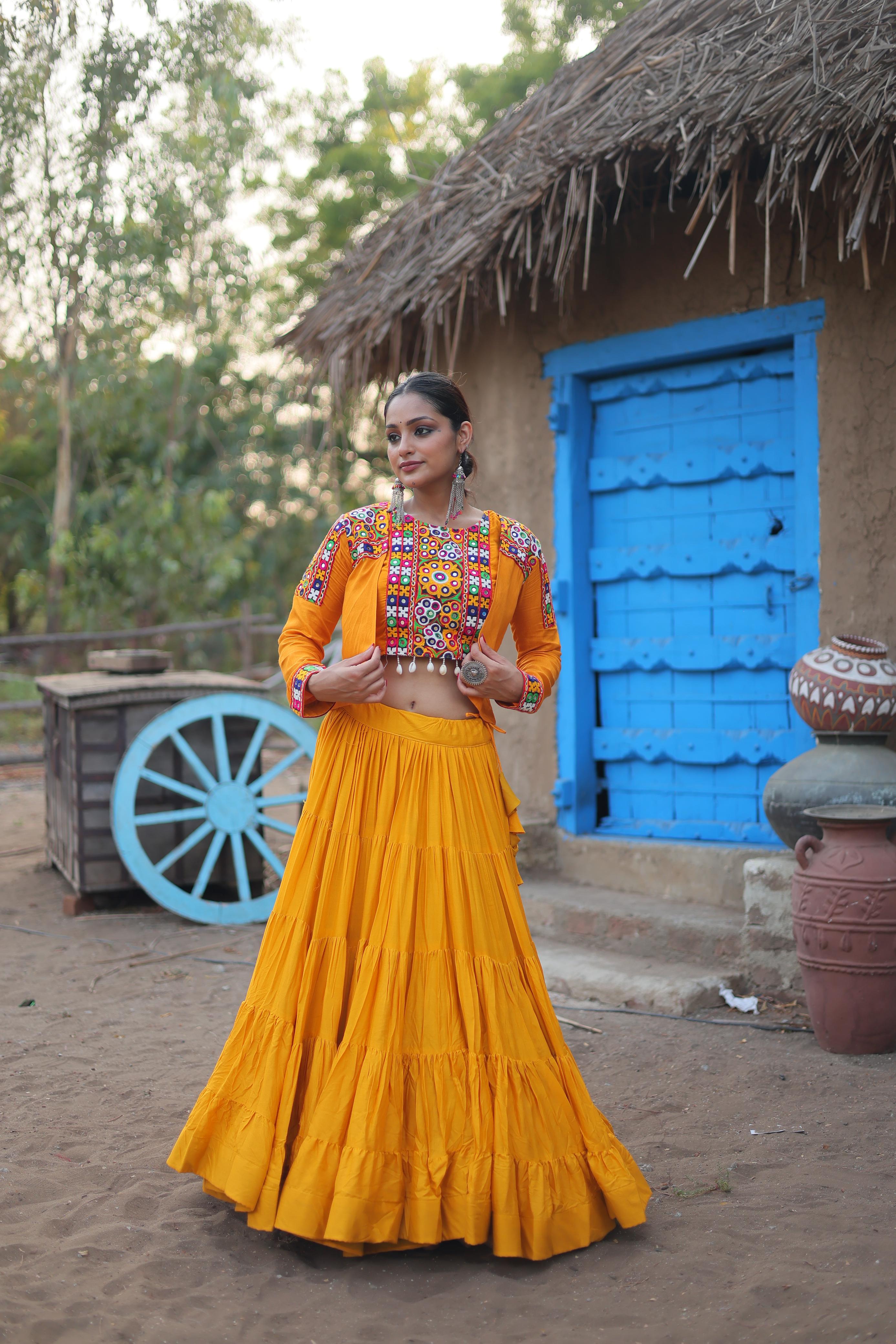 Designer Yellow Color Ruffle Lehenga Choli With Work Koti