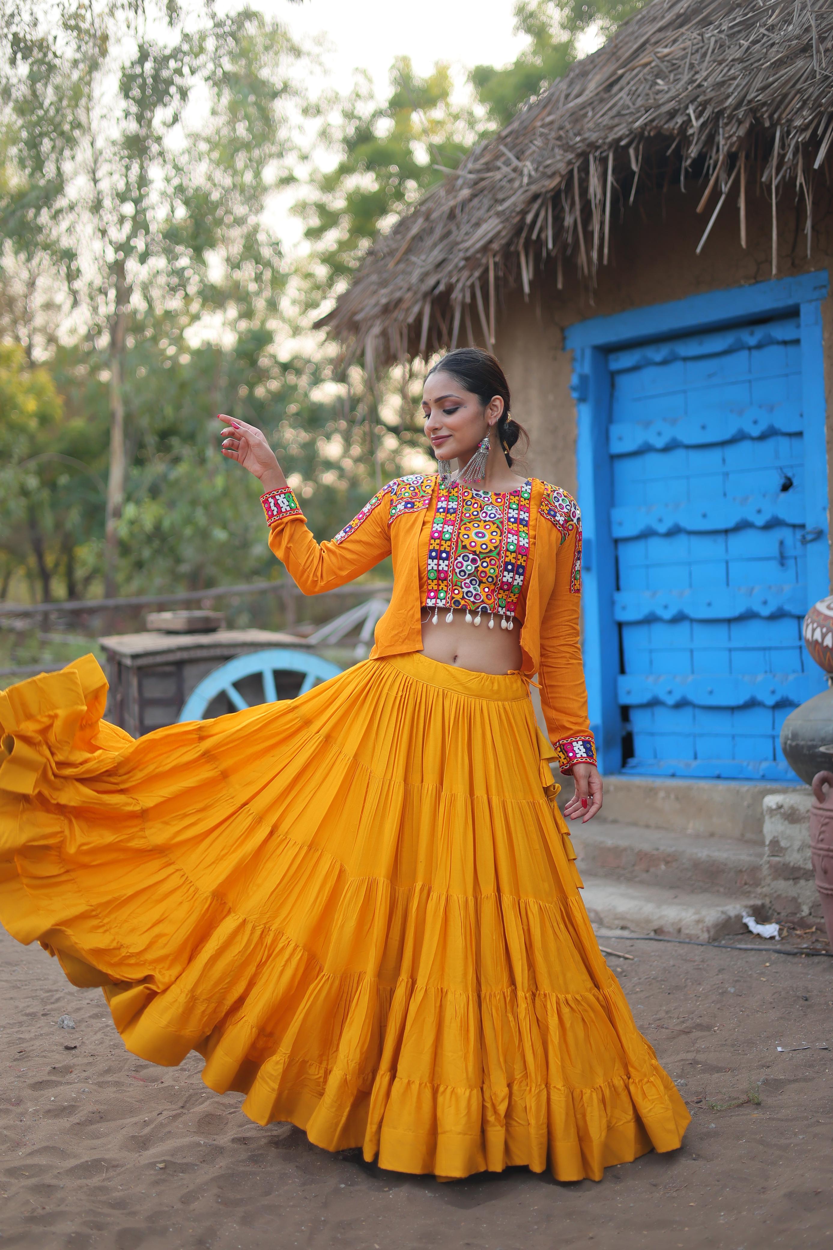 Designer Yellow Color Ruffle Lehenga Choli With Work Koti