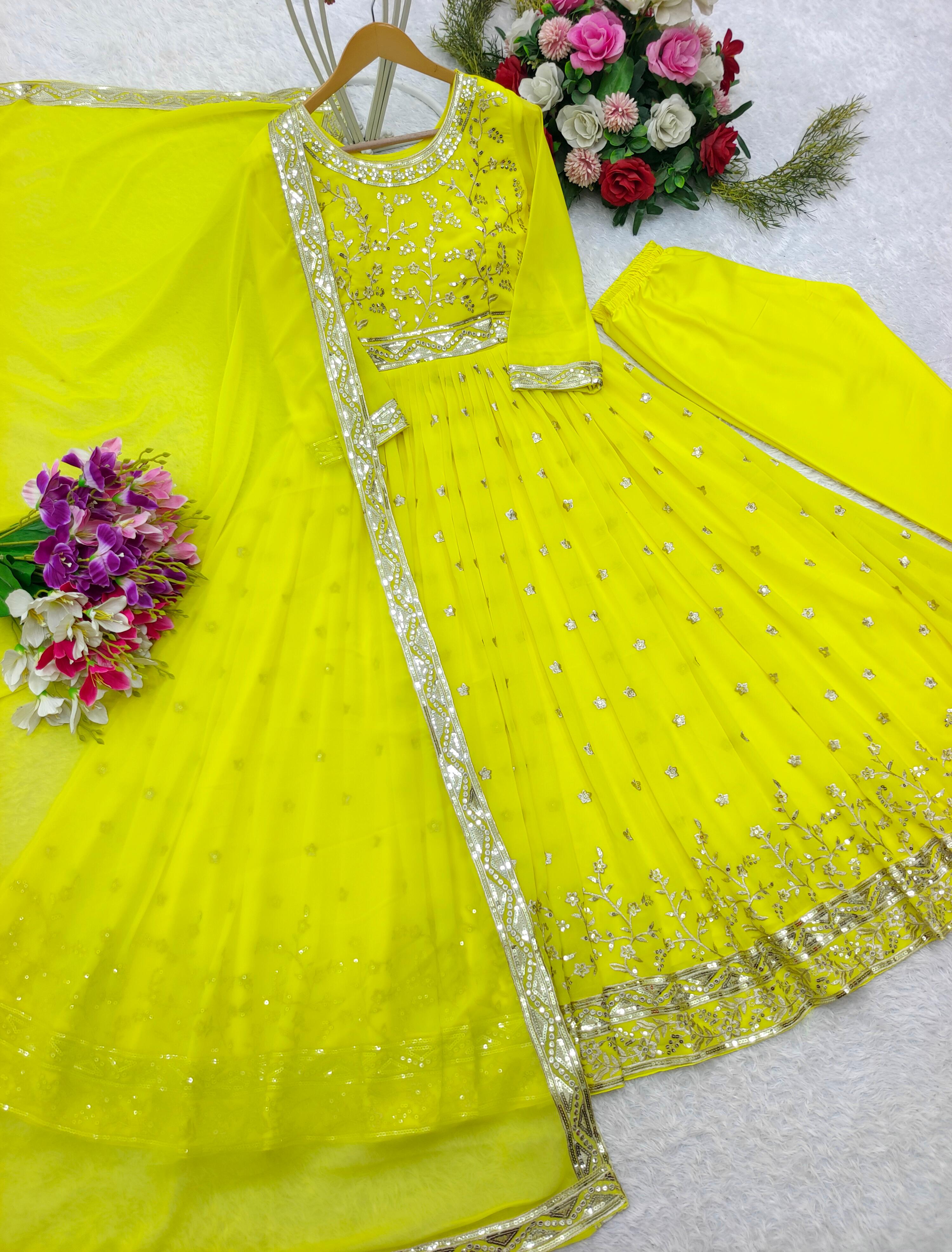 Fully Stitched Lemon Yellow Color Anarkali Suit