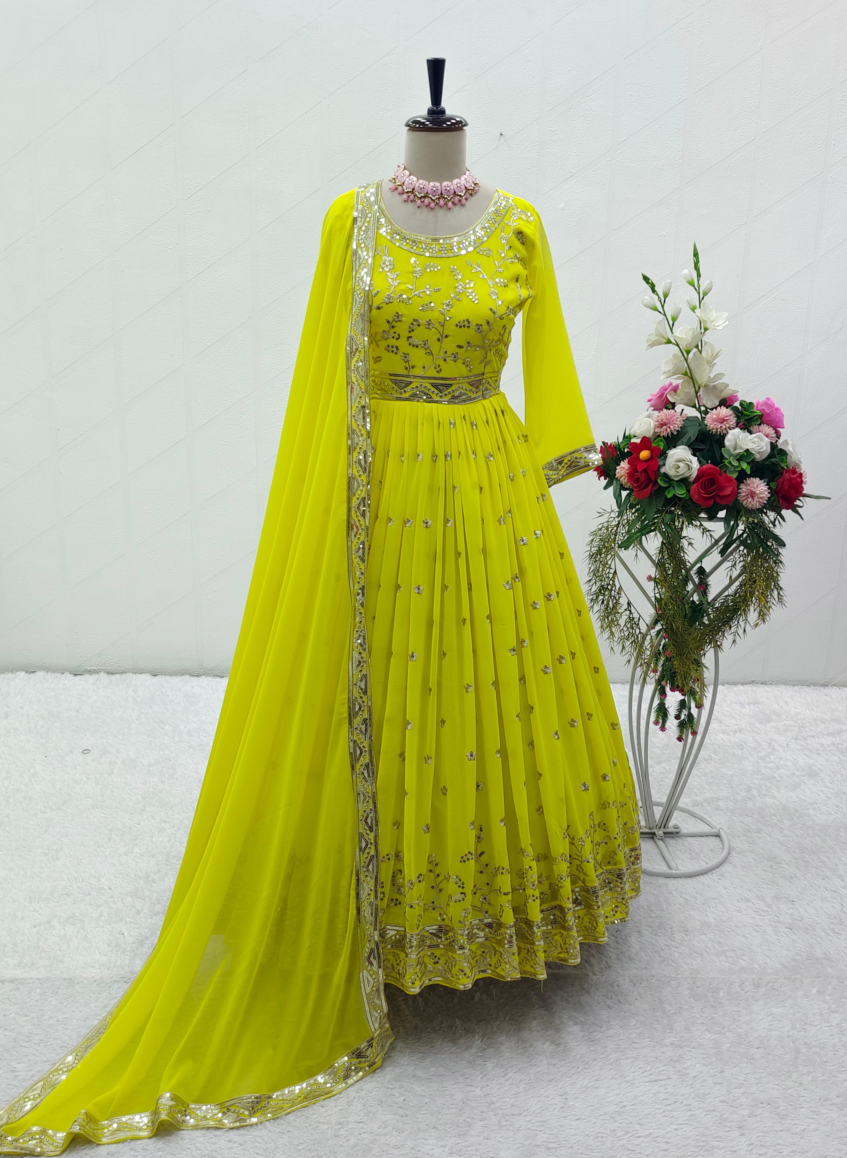 Fully Stitched Lemon Yellow Color Anarkali Suit