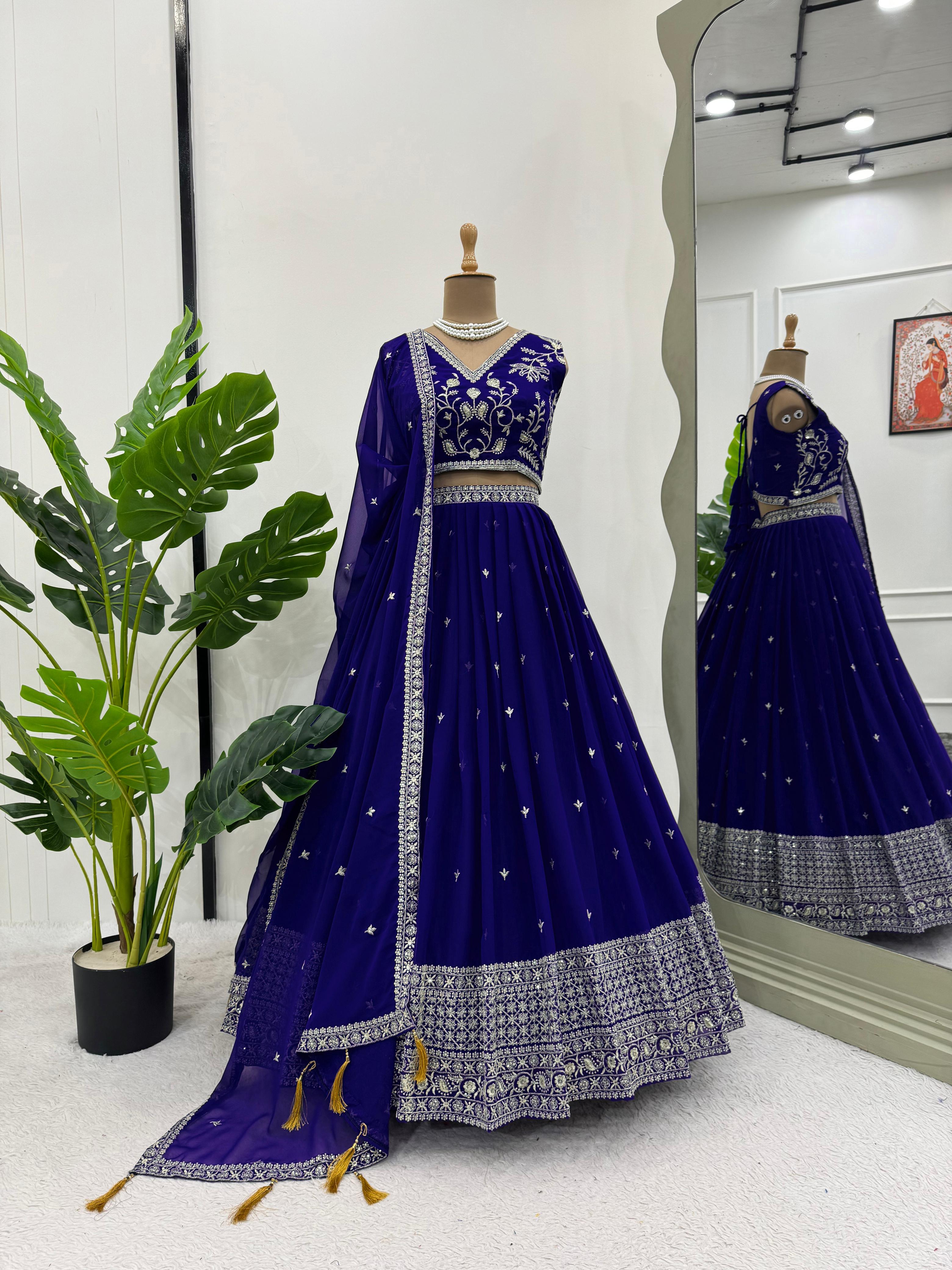 Festive Wear Sequence Thread Work Navy Blue Color Lehenga Choli