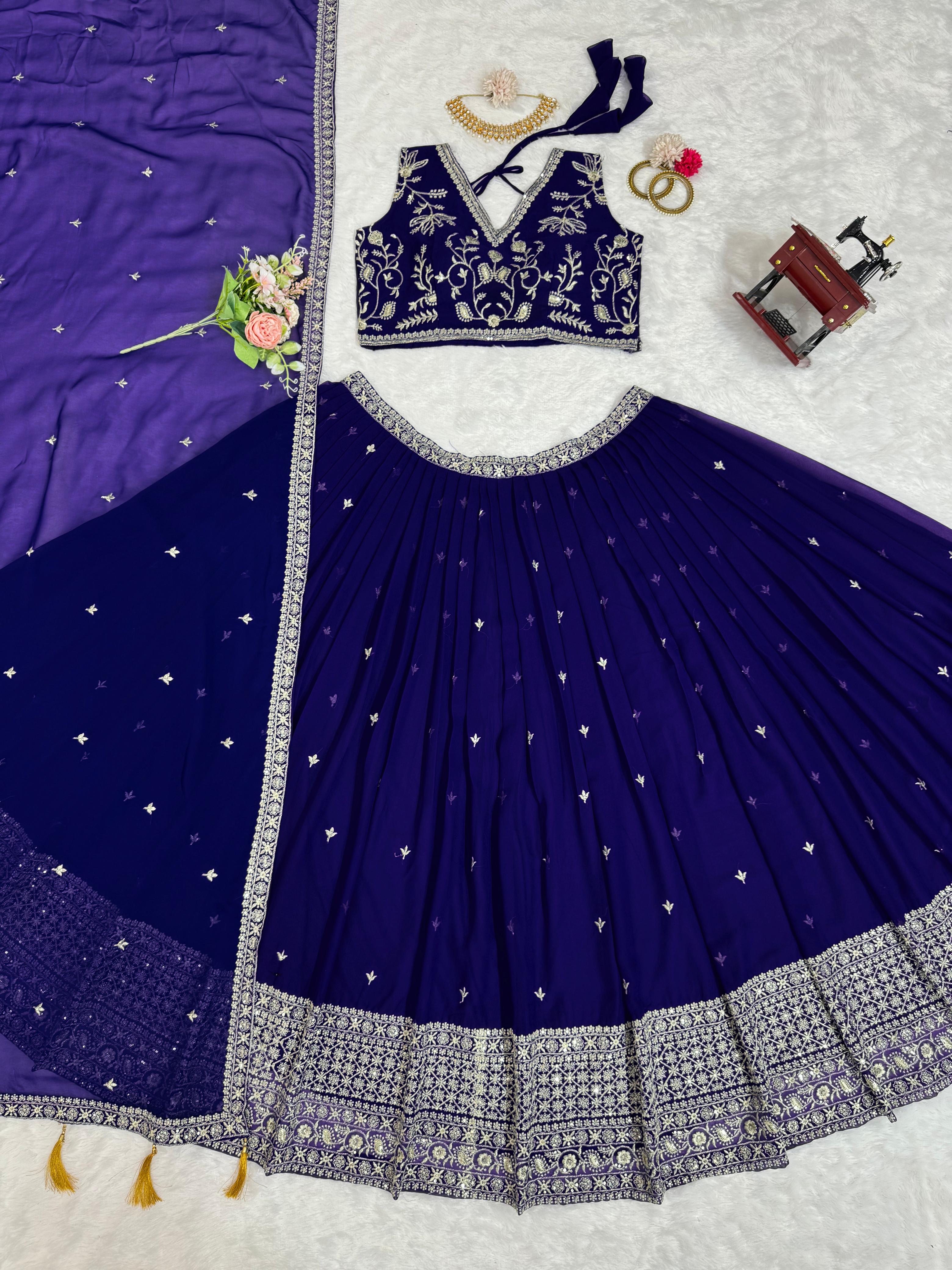 Festive Wear Sequence Thread Work Navy Blue Color Lehenga Choli