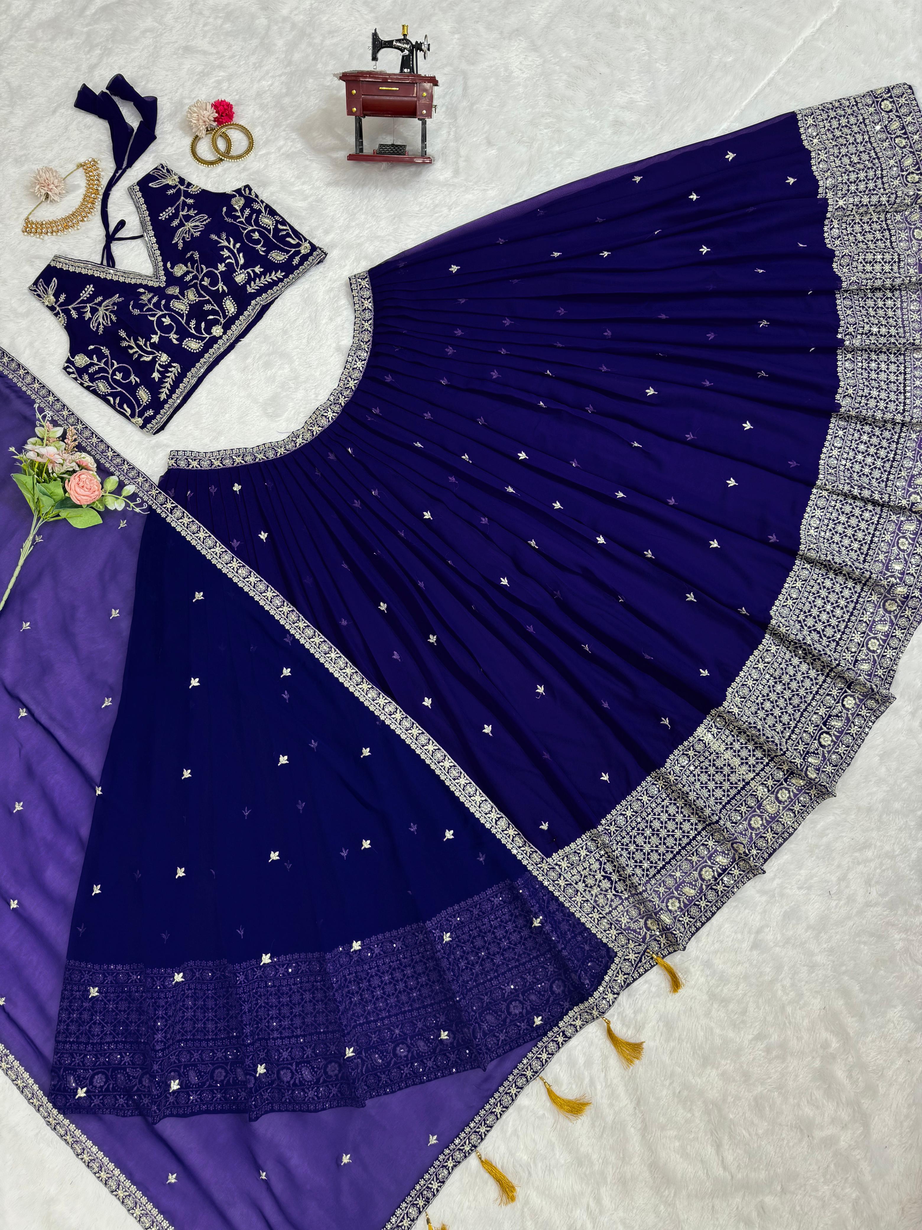 Festive Wear Sequence Thread Work Navy Blue Color Lehenga Choli