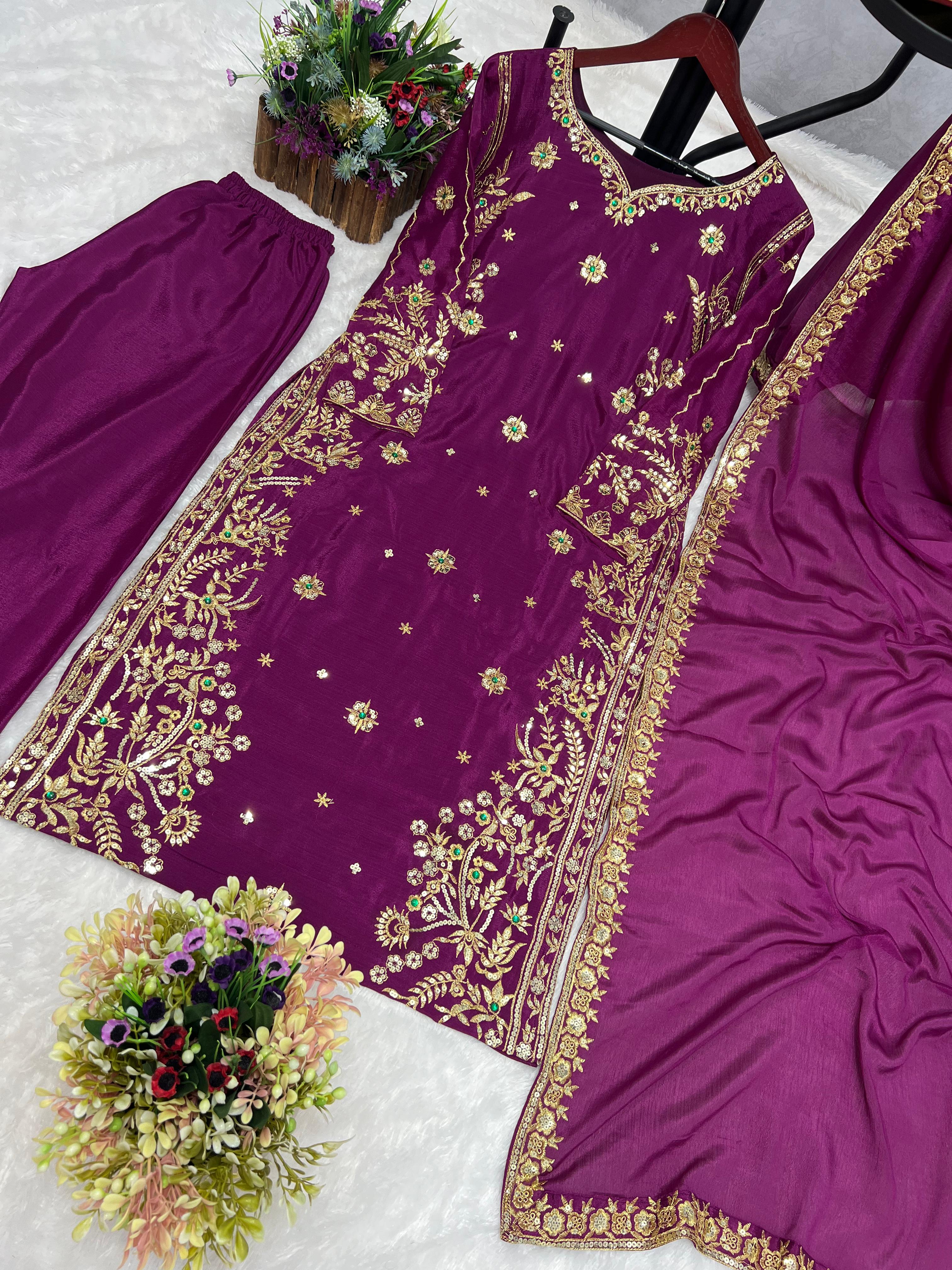 Stylish Wine Golden Embroidery Work Salwar Suit