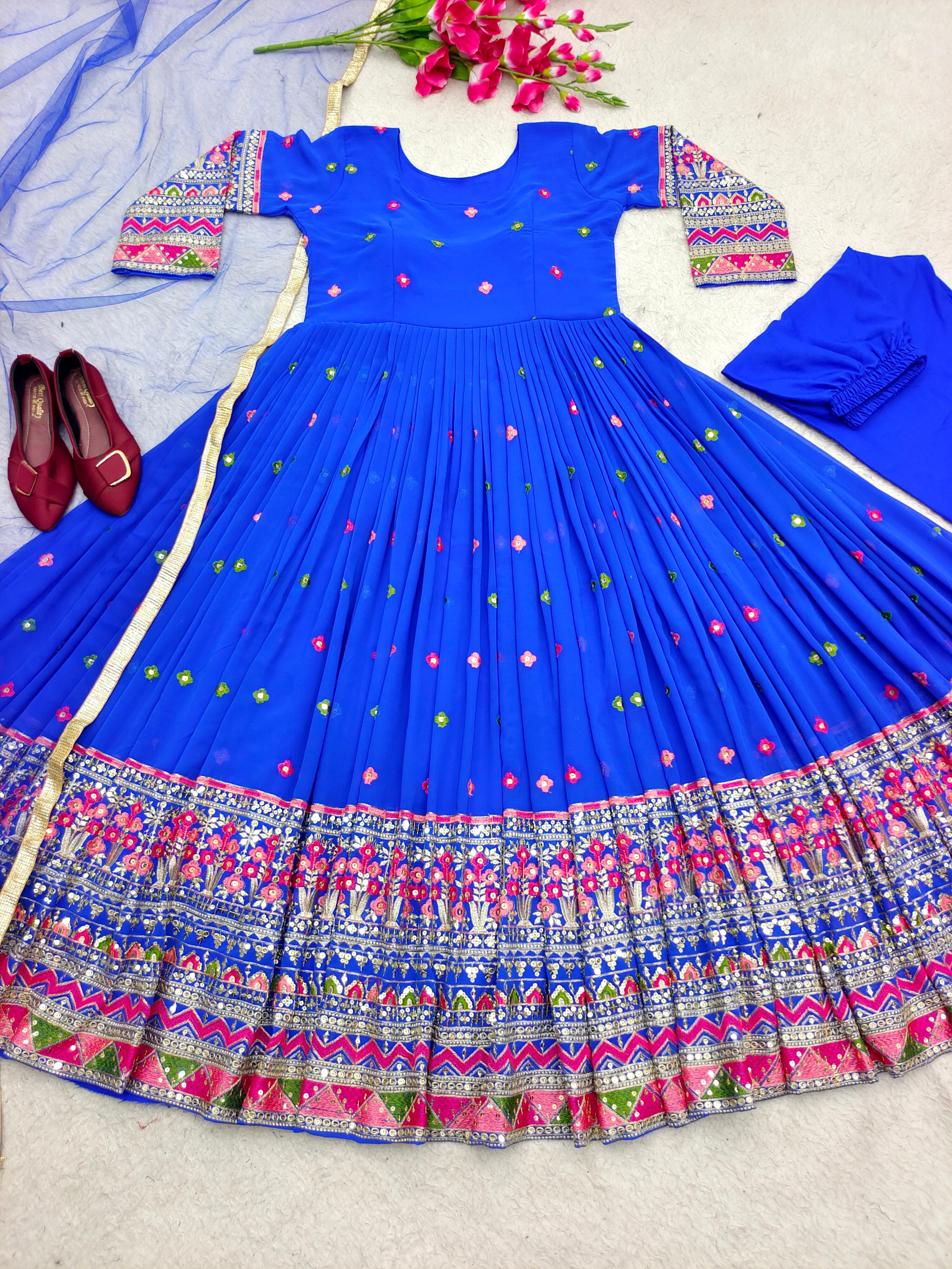 Awesome Sequence Embroidery Work Blue Georgette Gown