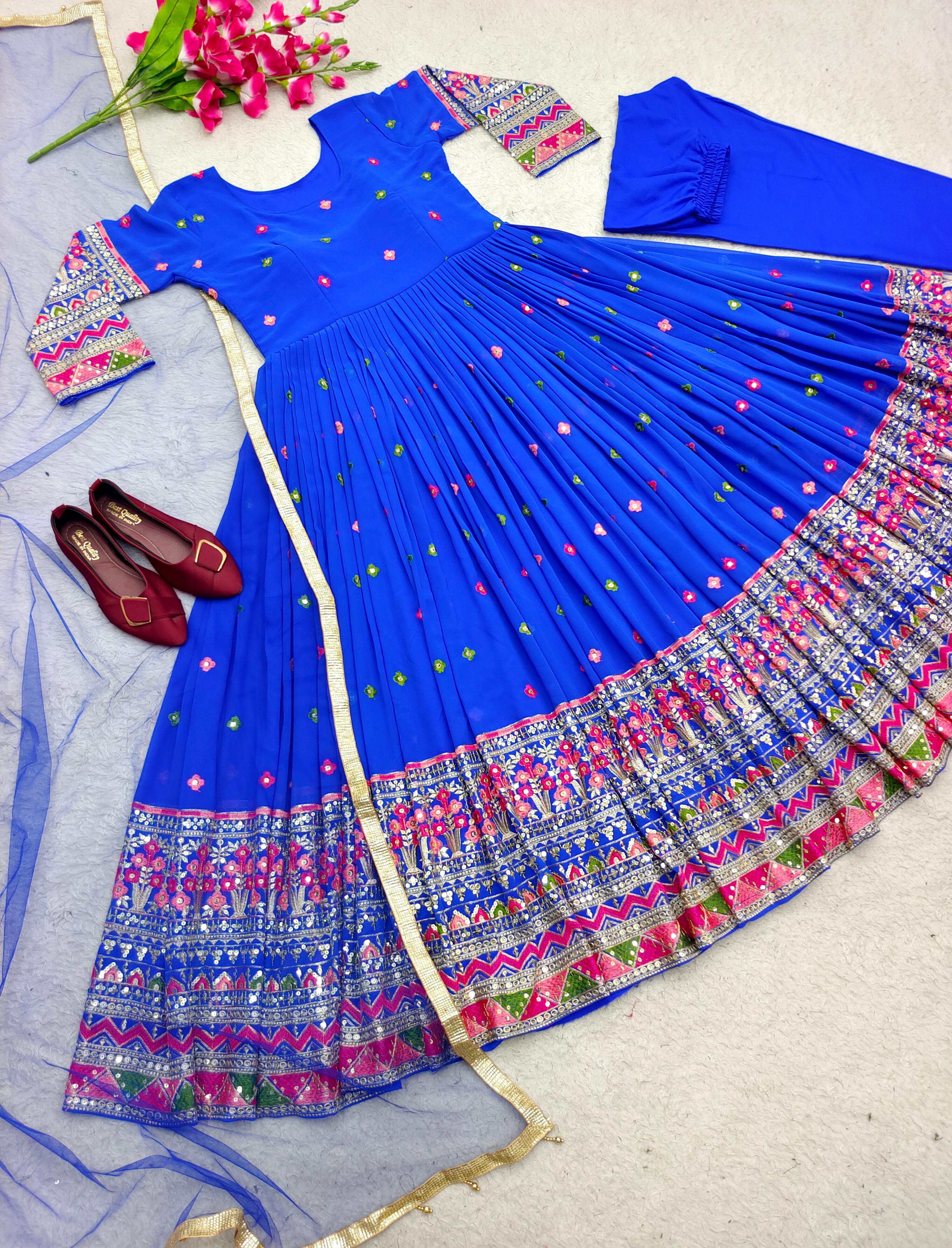 Awesome Sequence Embroidery Work Blue Georgette Gown