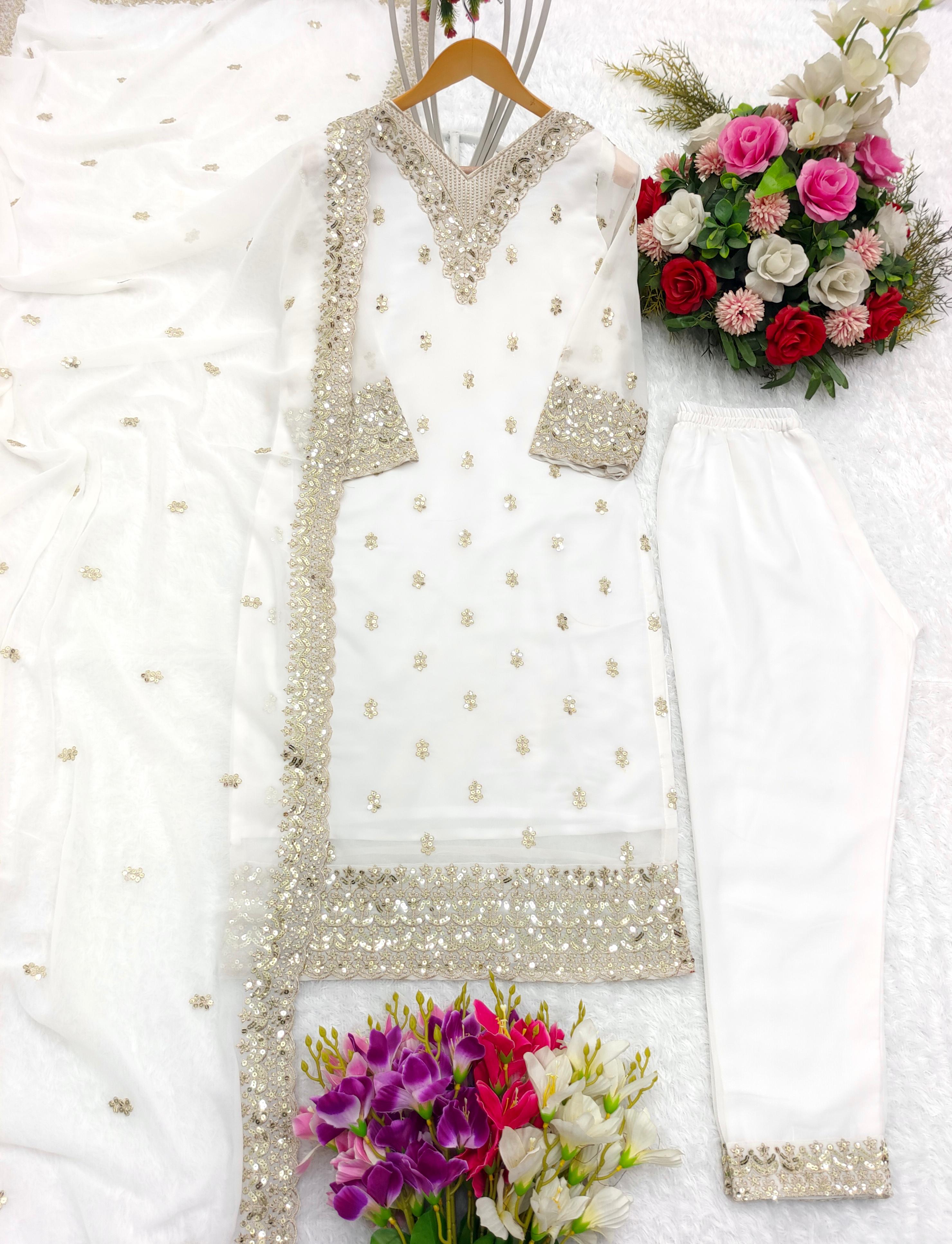 Festive Wear Sequence Embroidery Work White Salwar Suit