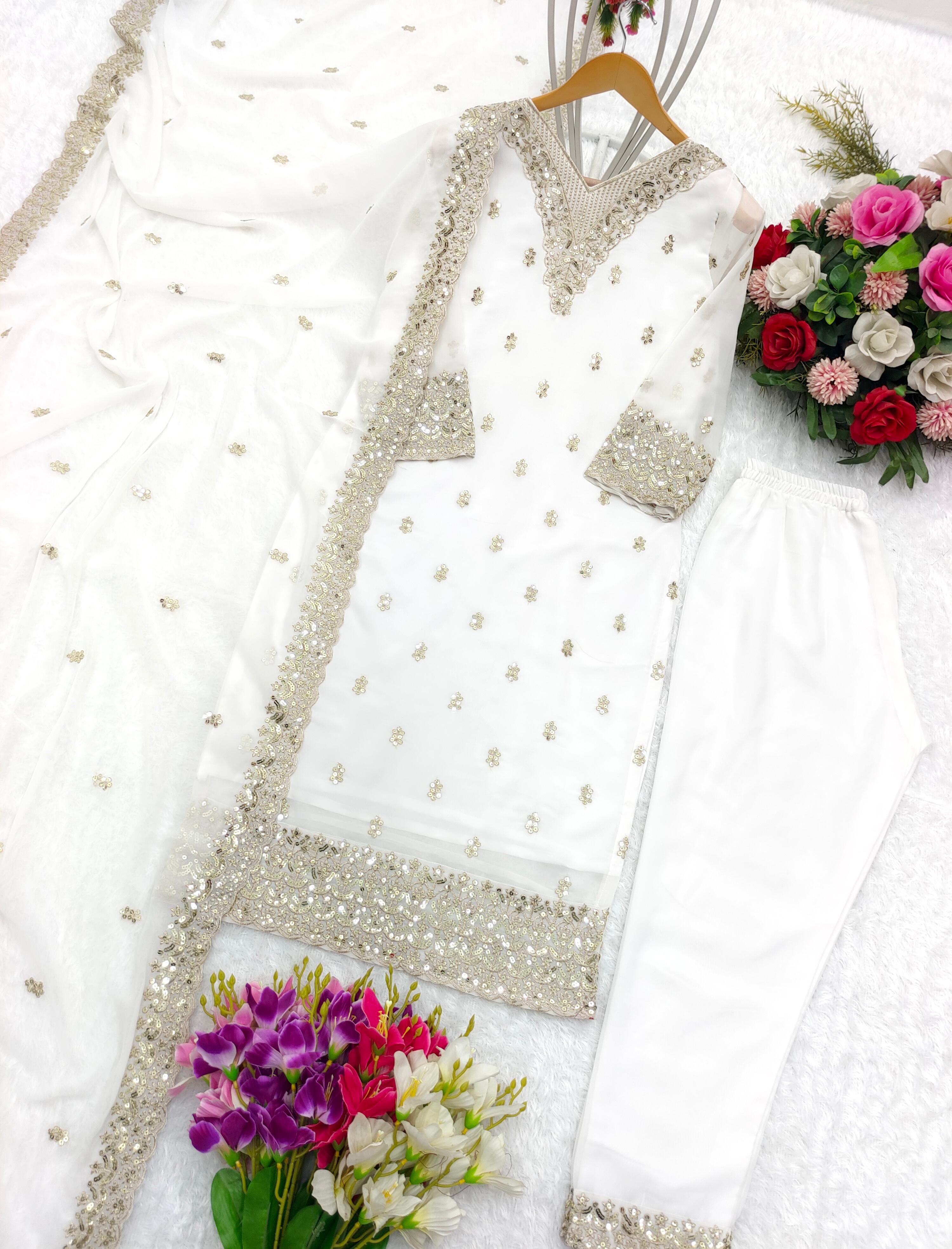 Festive Wear Sequence Embroidery Work White Salwar Suit