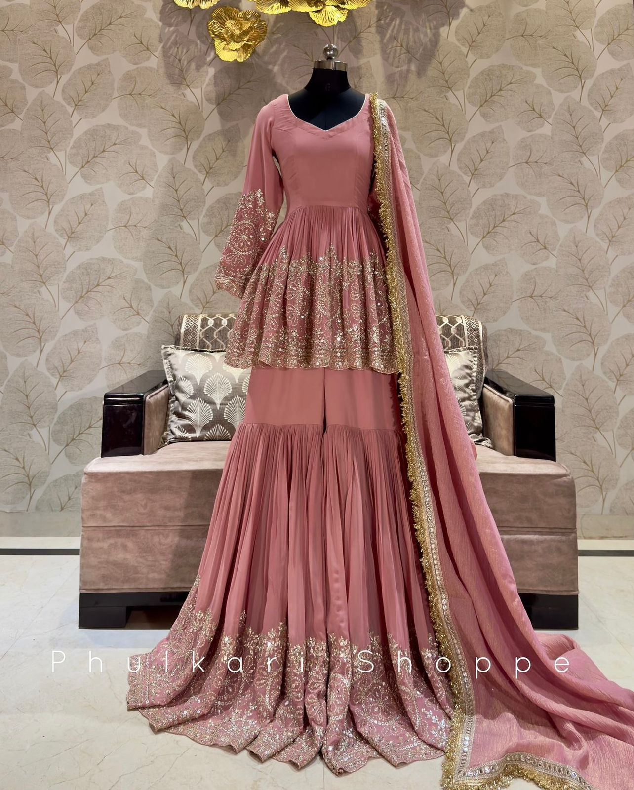 Wedding Wear Heavy Work Peach Color Sharara Suit