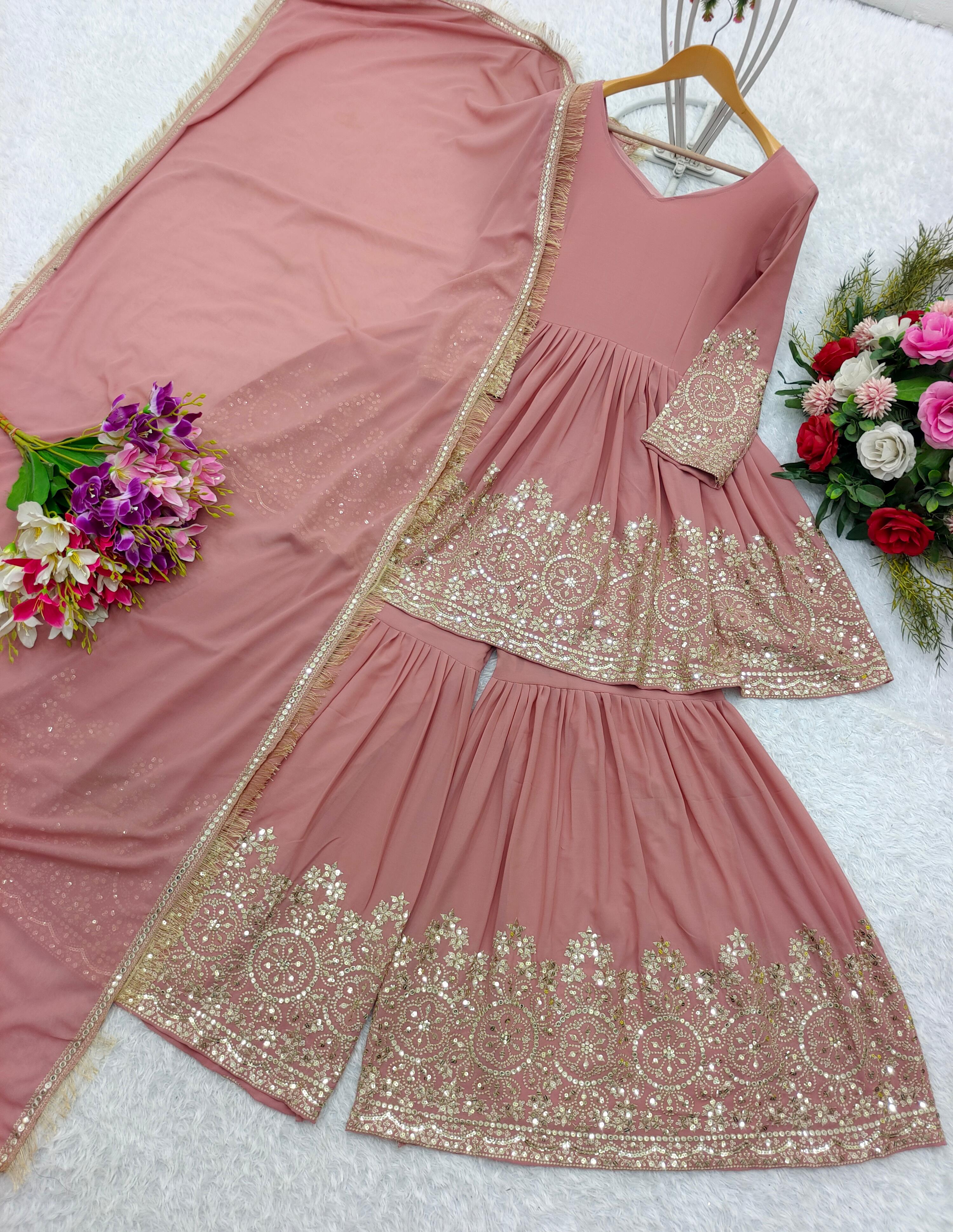 Wedding Wear Heavy Work Peach Color Sharara Suit