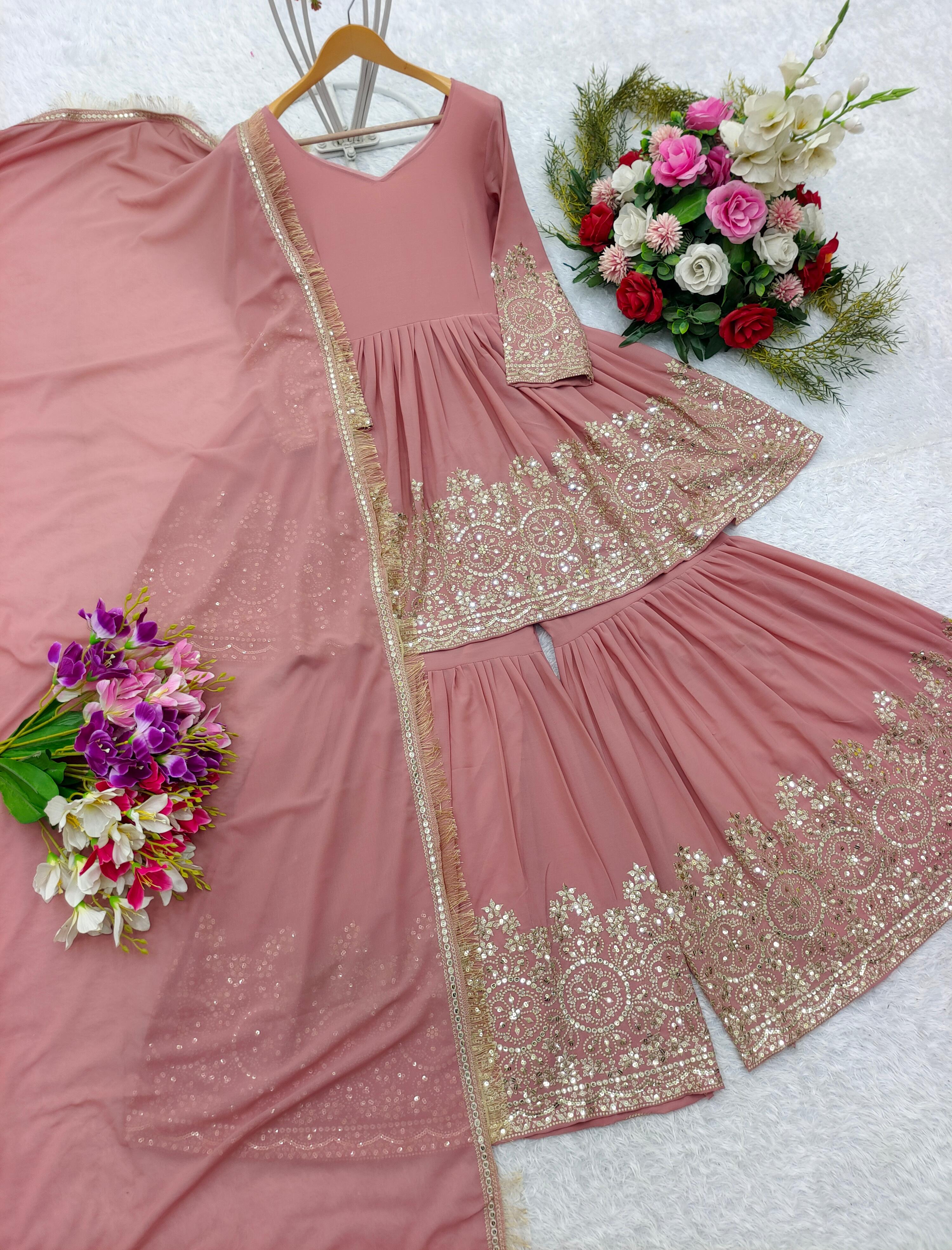 Wedding Wear Heavy Work Peach Color Sharara Suit