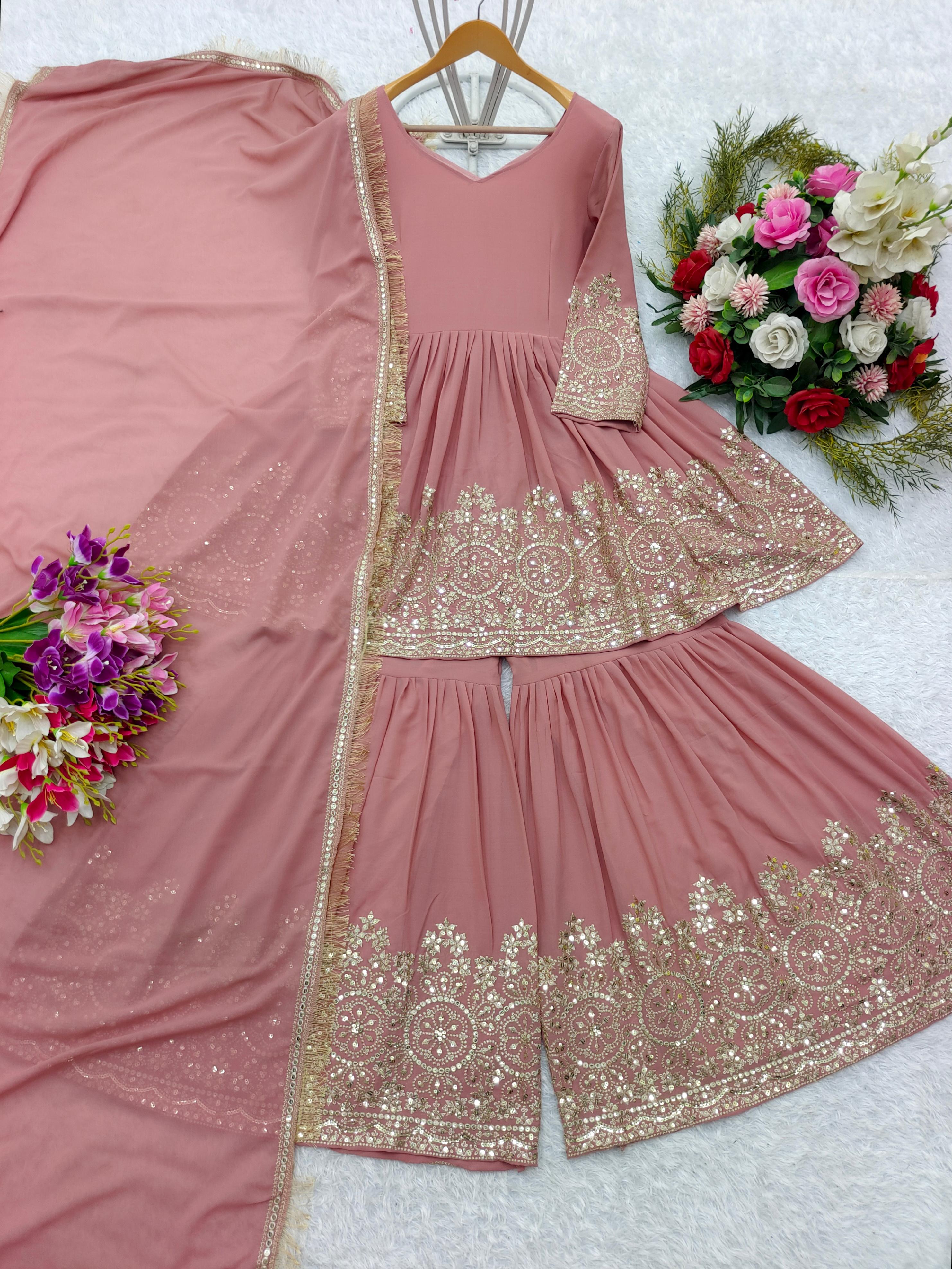 Wedding Wear Heavy Work Peach Color Sharara Suit