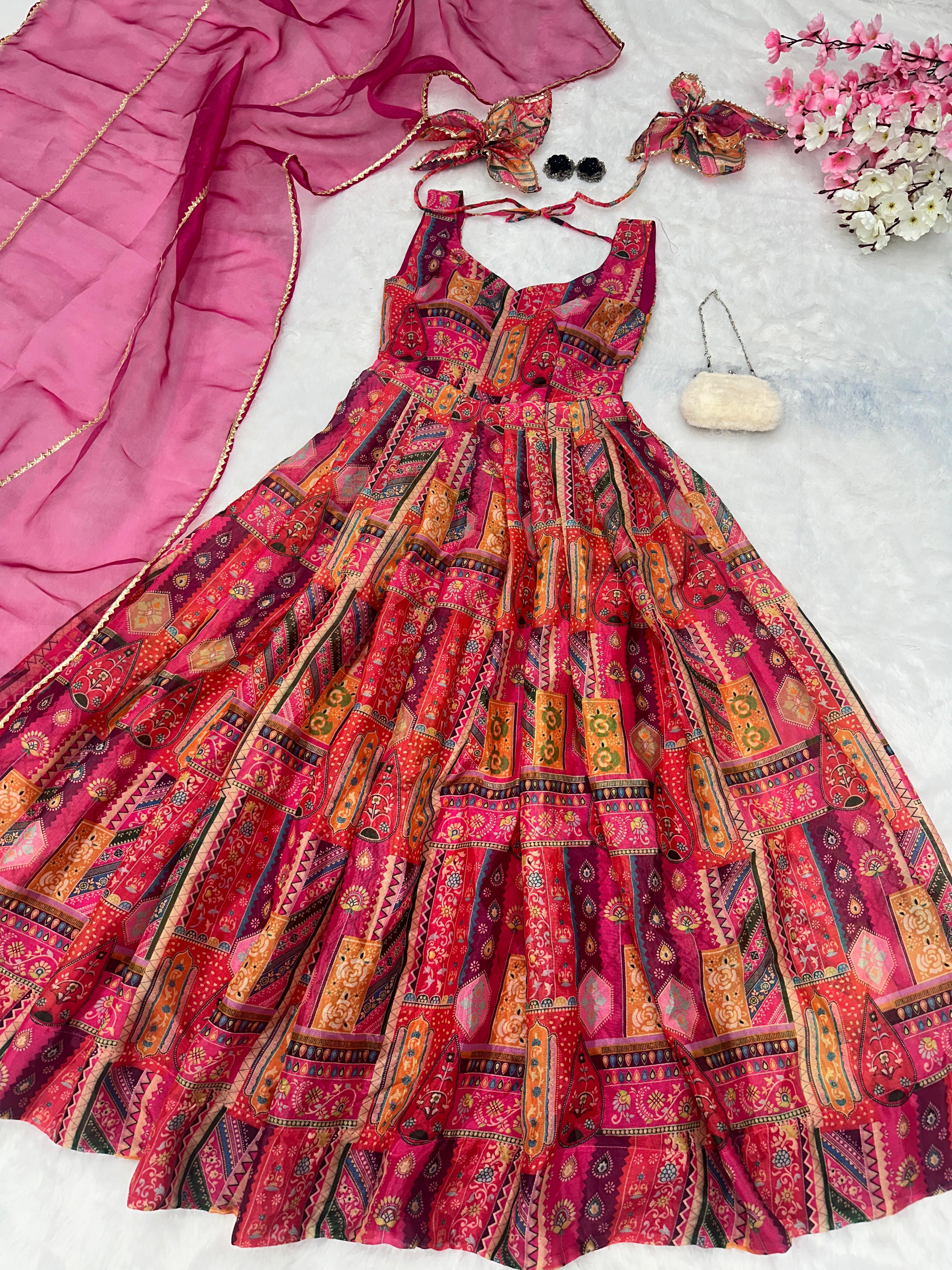 Ravishing Multi Color Organza Silk Gown With Dupatta