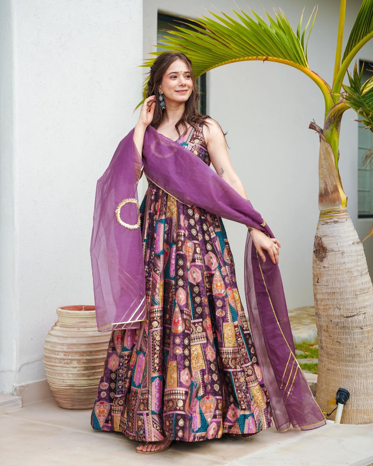 Amazing Multi Print Design Purple Color Long Gown