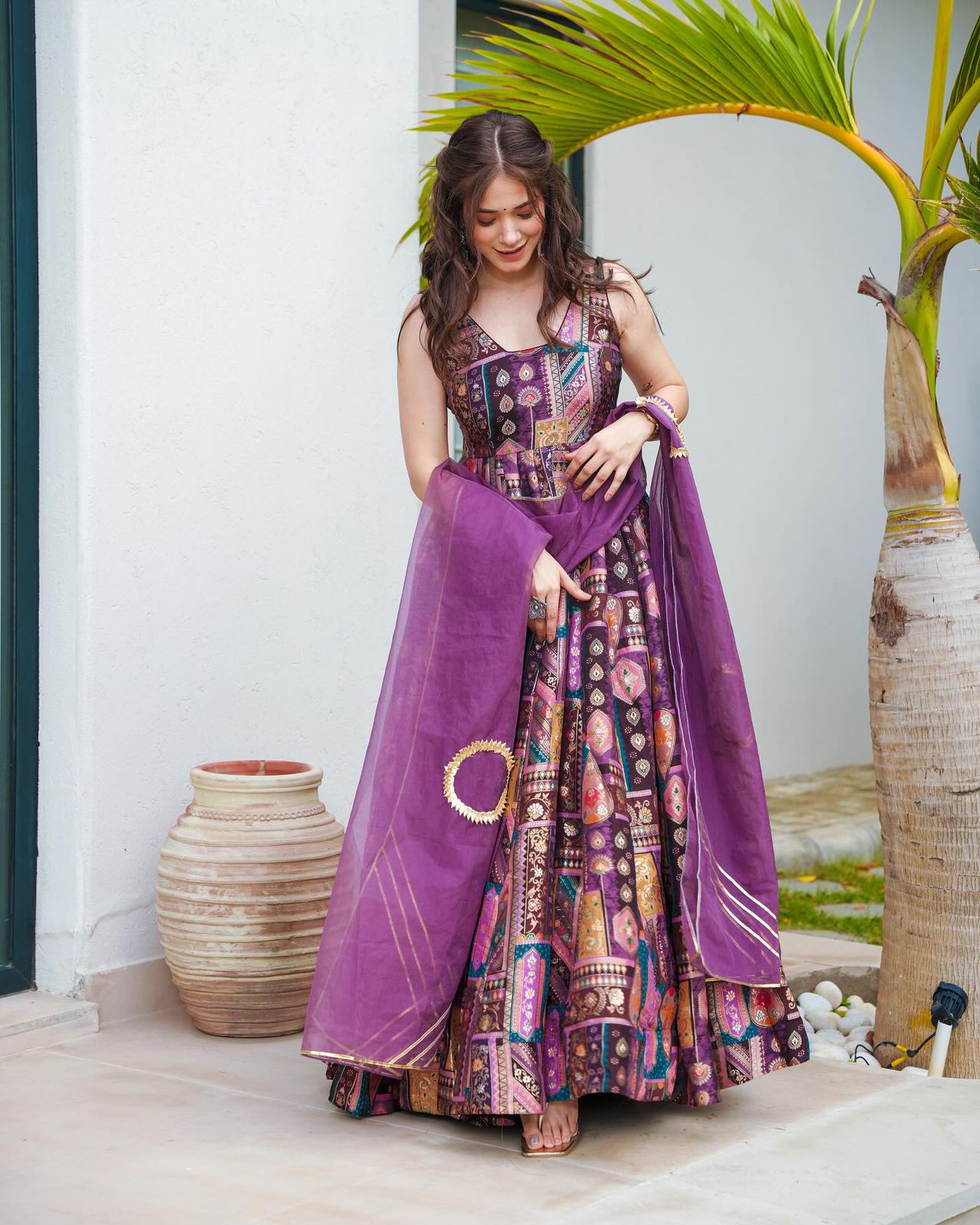 Amazing Multi Print Design Purple Color Long Gown