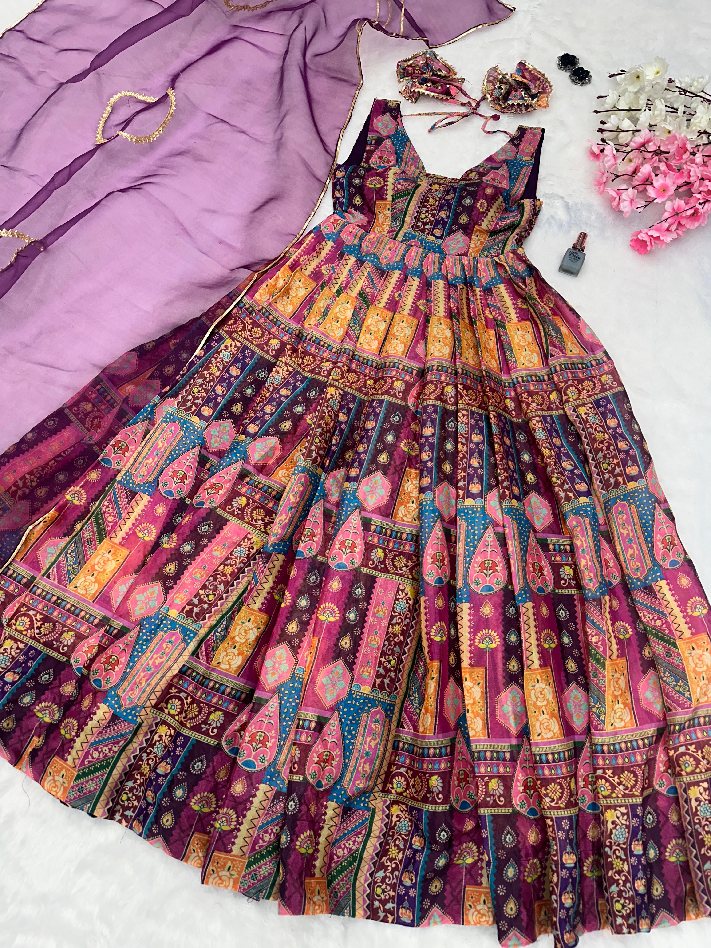 Amazing Multi Print Design Purple Color Long Gown