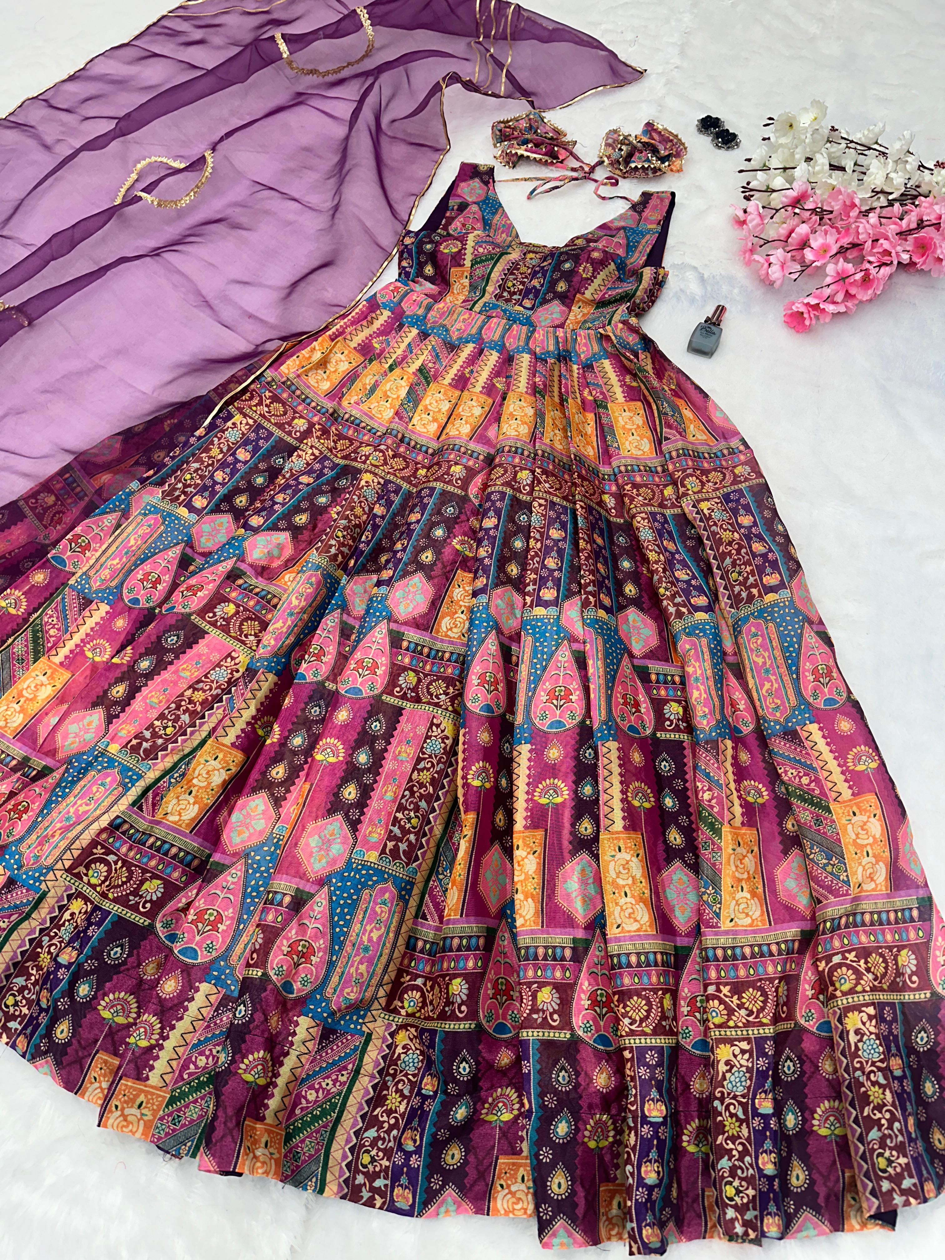 Amazing Multi Print Design Purple Color Long Gown