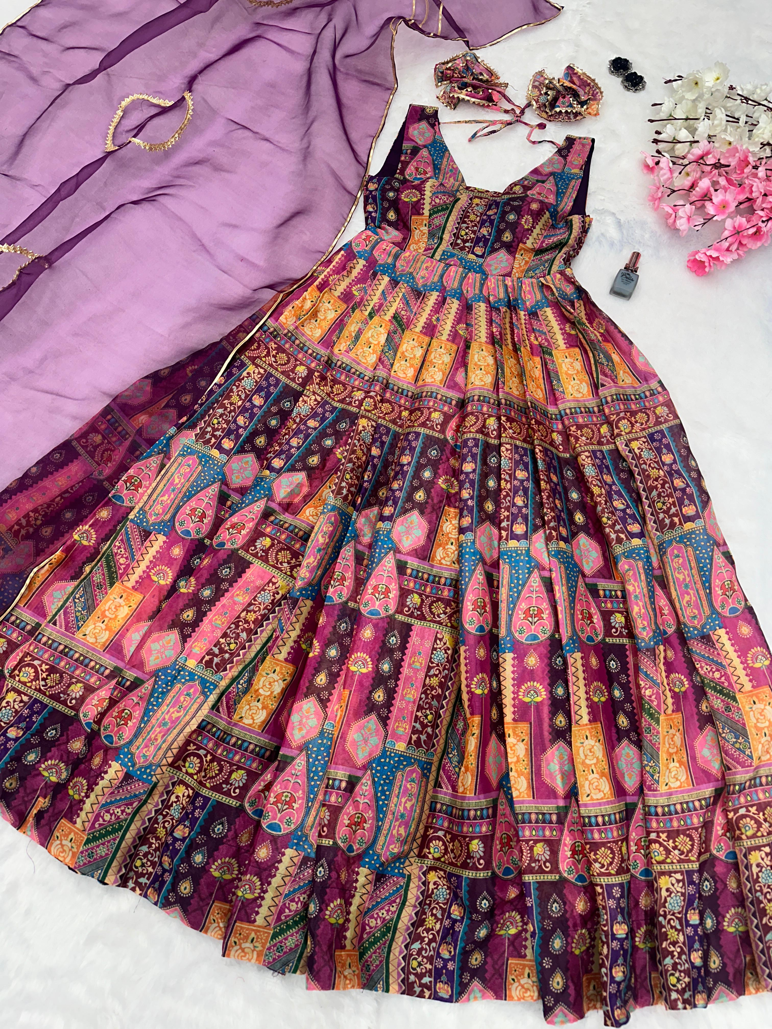 Amazing Multi Print Design Purple Color Long Gown