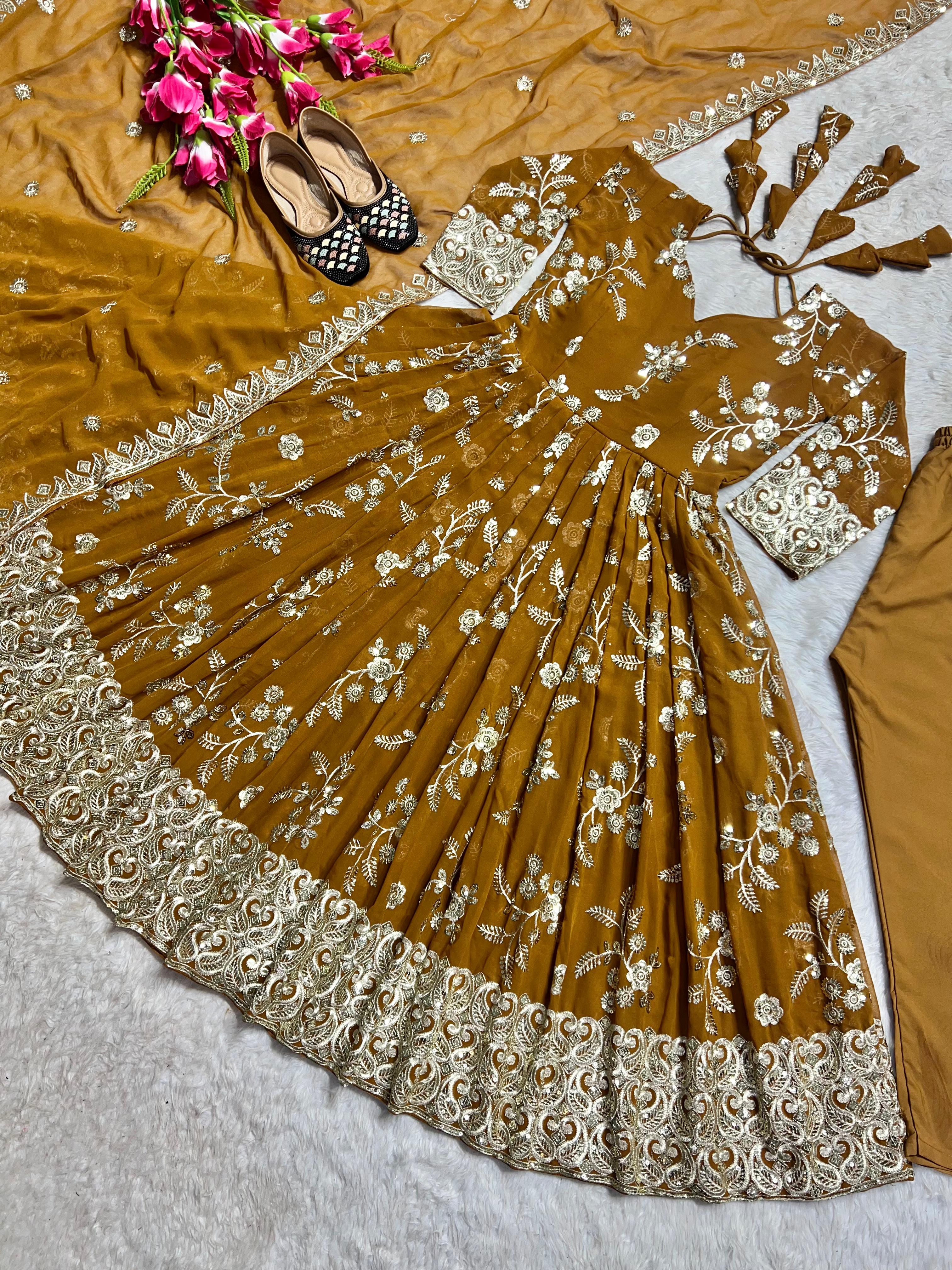 Festive Wear Mustard Color Sequence Work Anarkali Suit