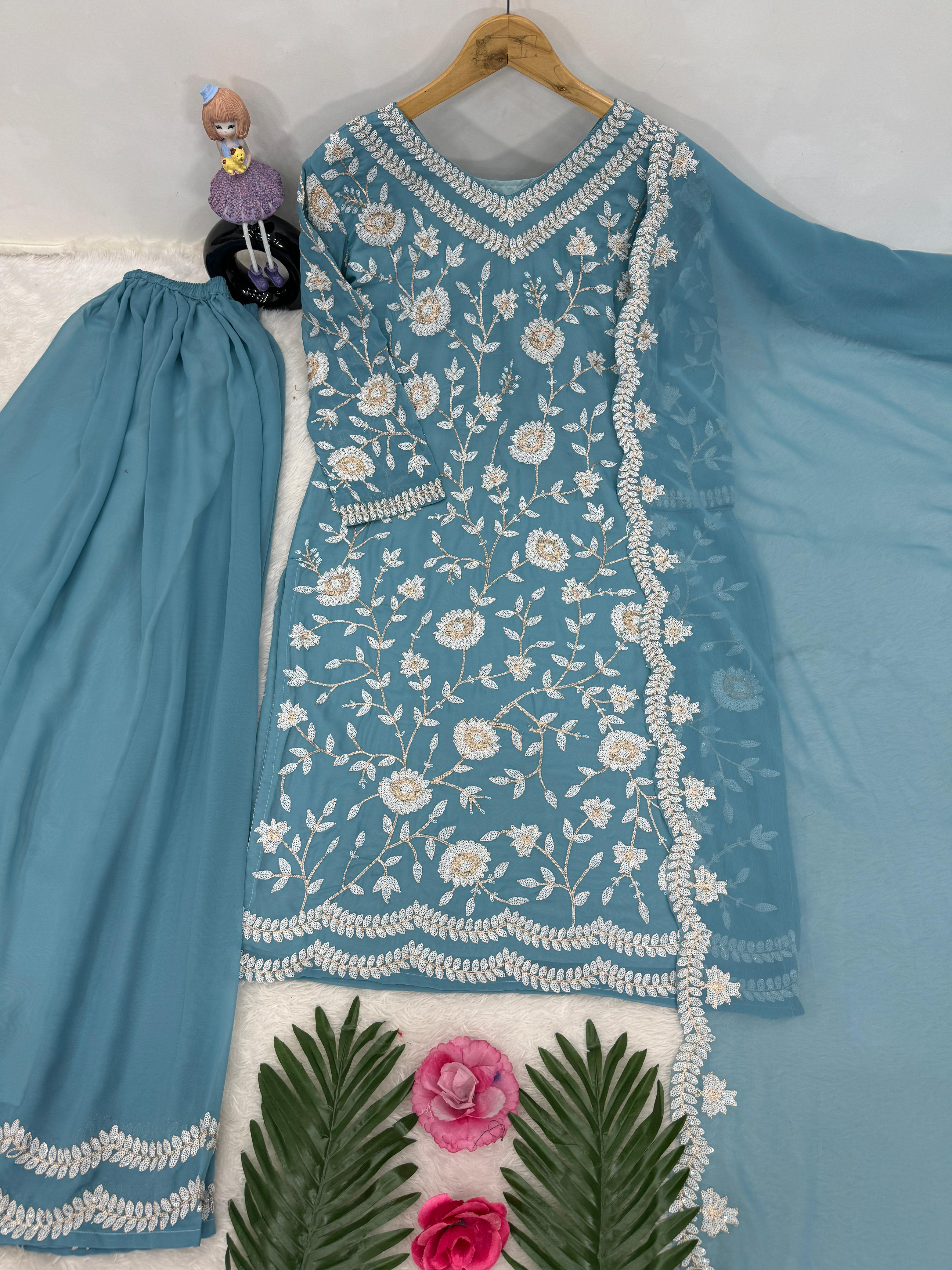 Festive Wear Heavy Sequence Work Sky Blue Color Sharara Suit