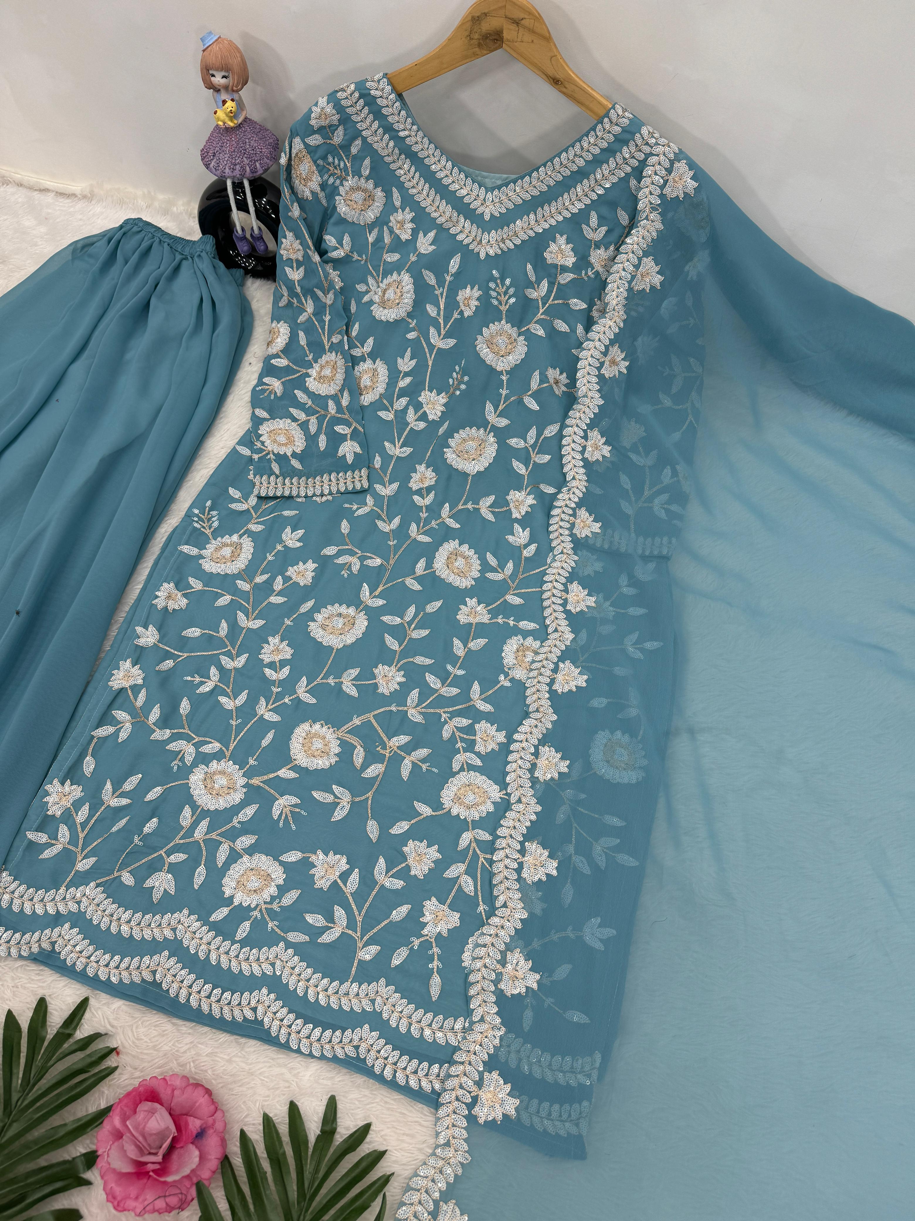 Festive Wear Heavy Sequence Work Sky Blue Color Sharara Suit