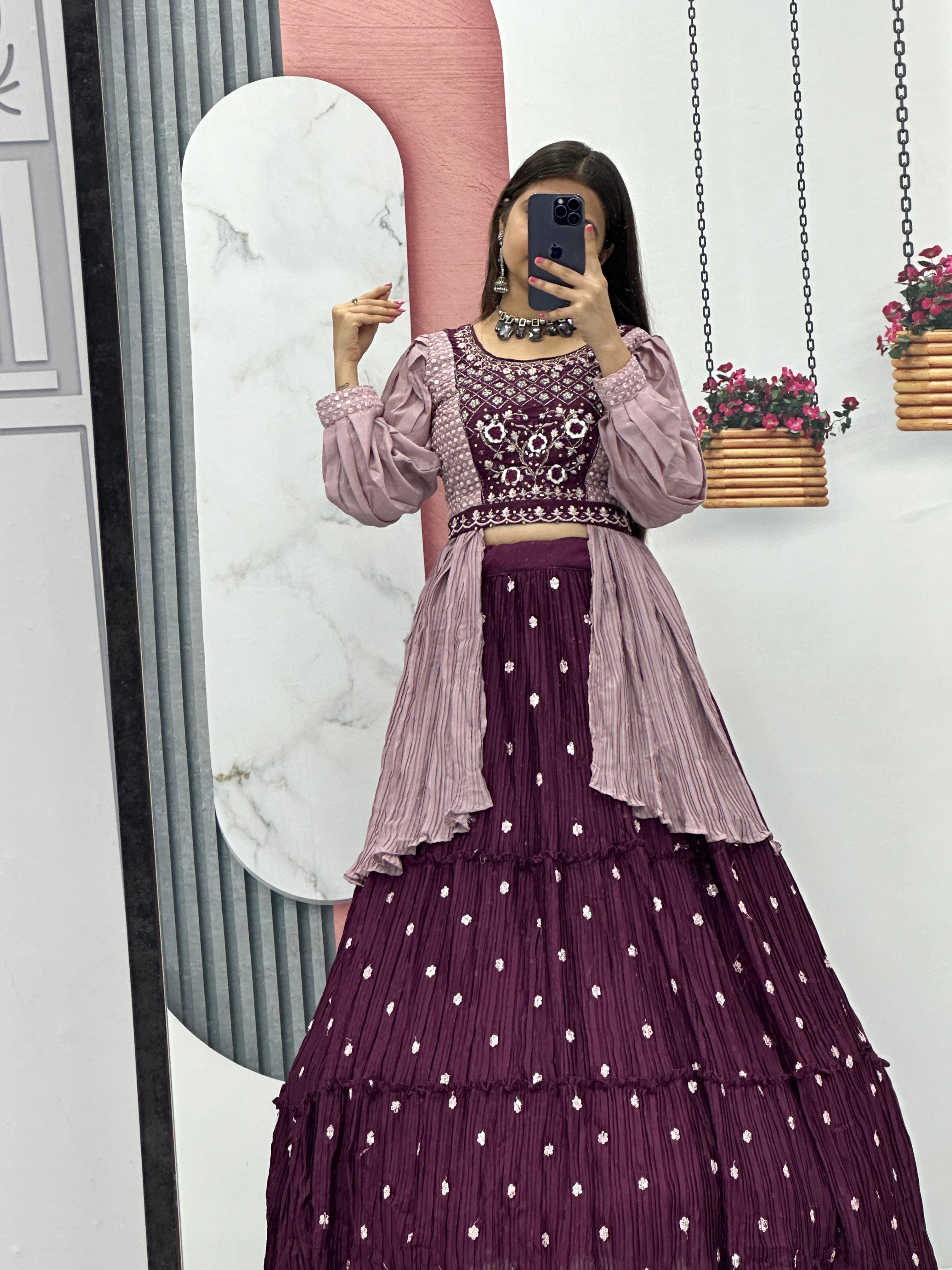 Shining Hand Work Wine Lehenga With Stylish Blouse