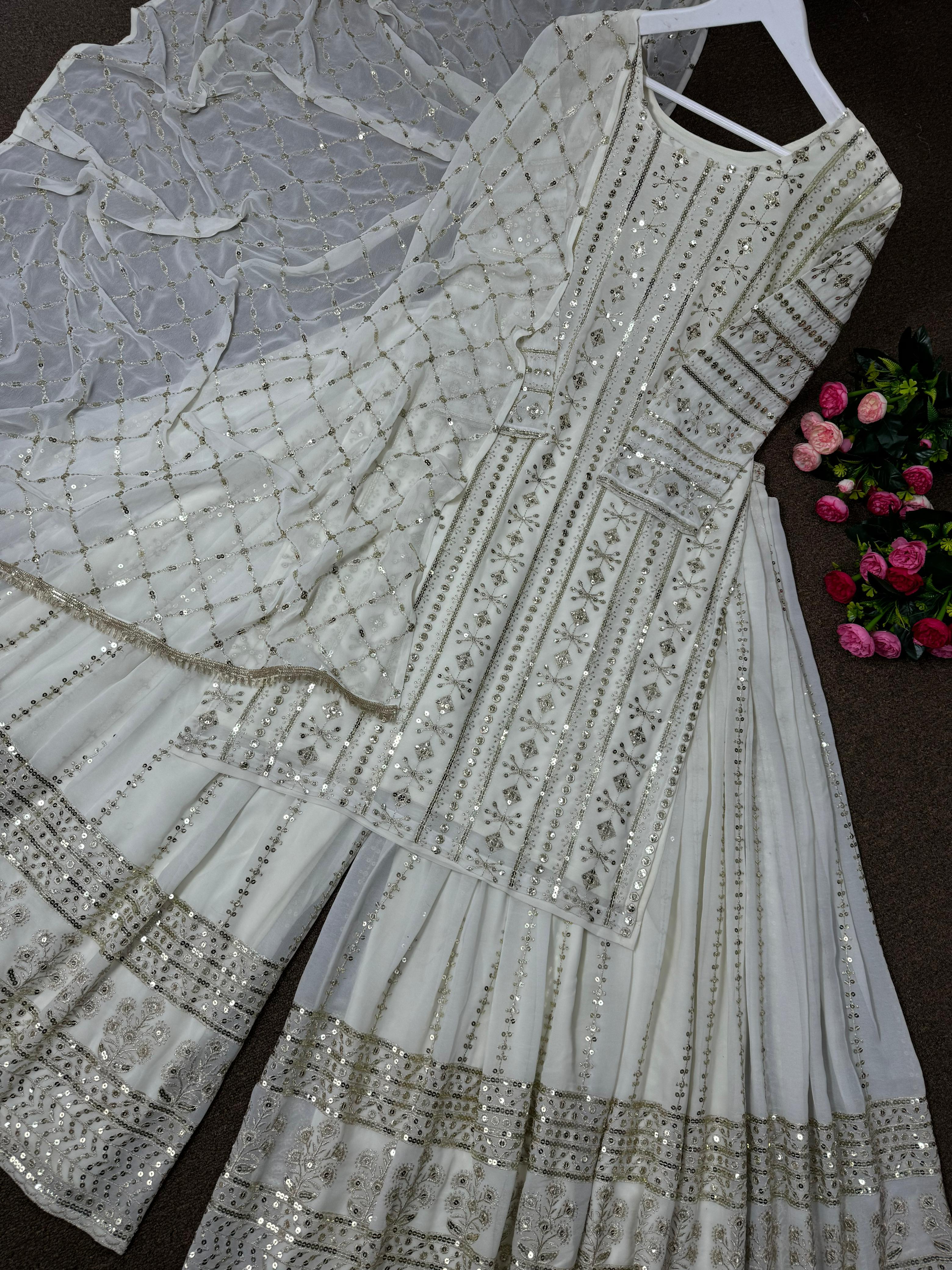 Function Wear Sequence Work White Color Sharara Suit