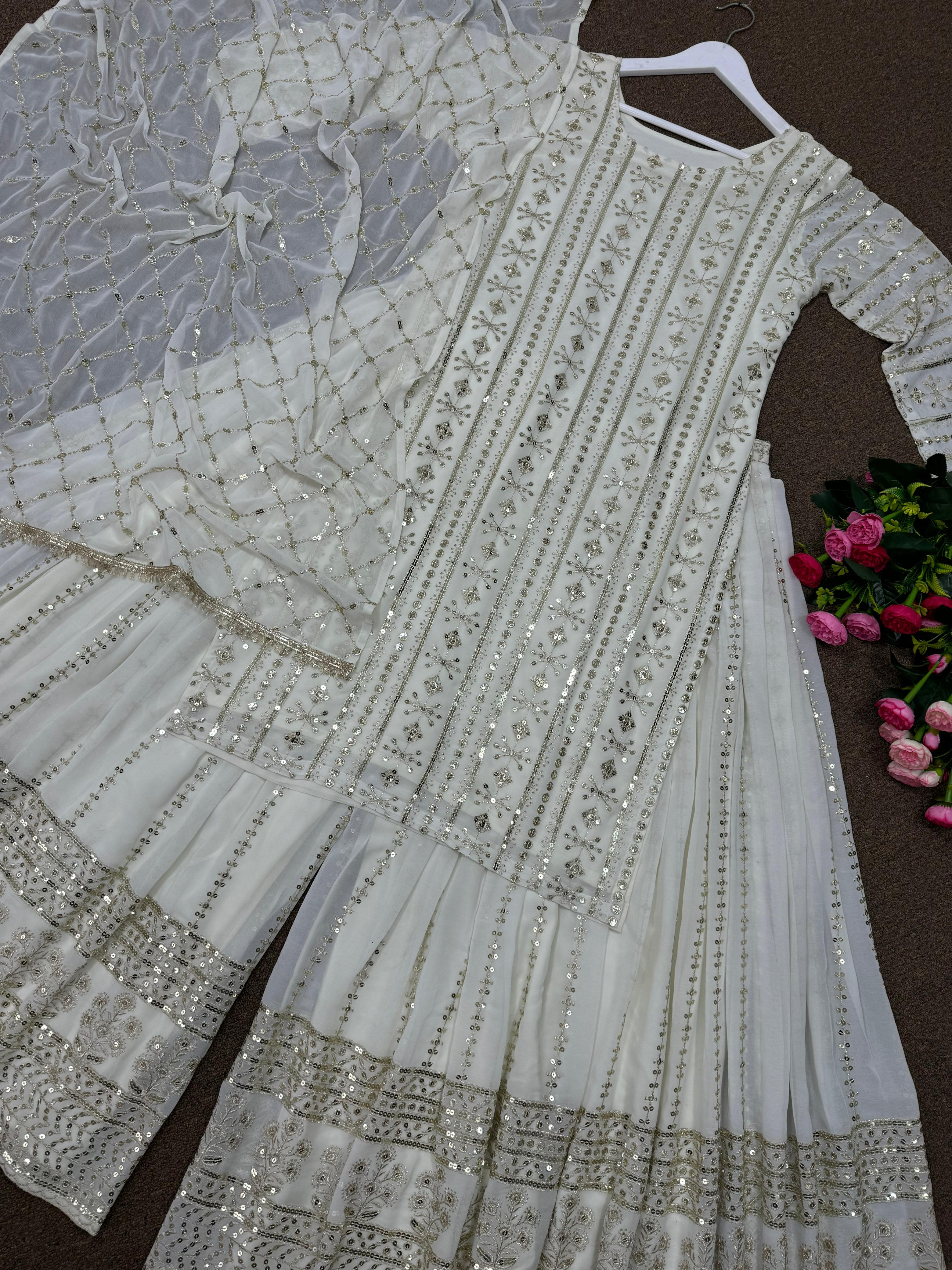 Function Wear Sequence Work White Color Sharara Suit