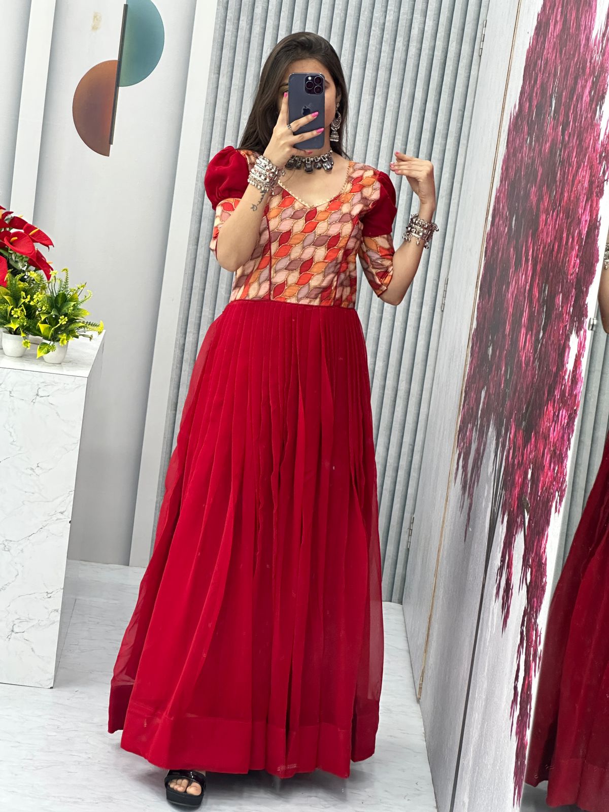 Beautiful Work Red Color Festive Long Gown