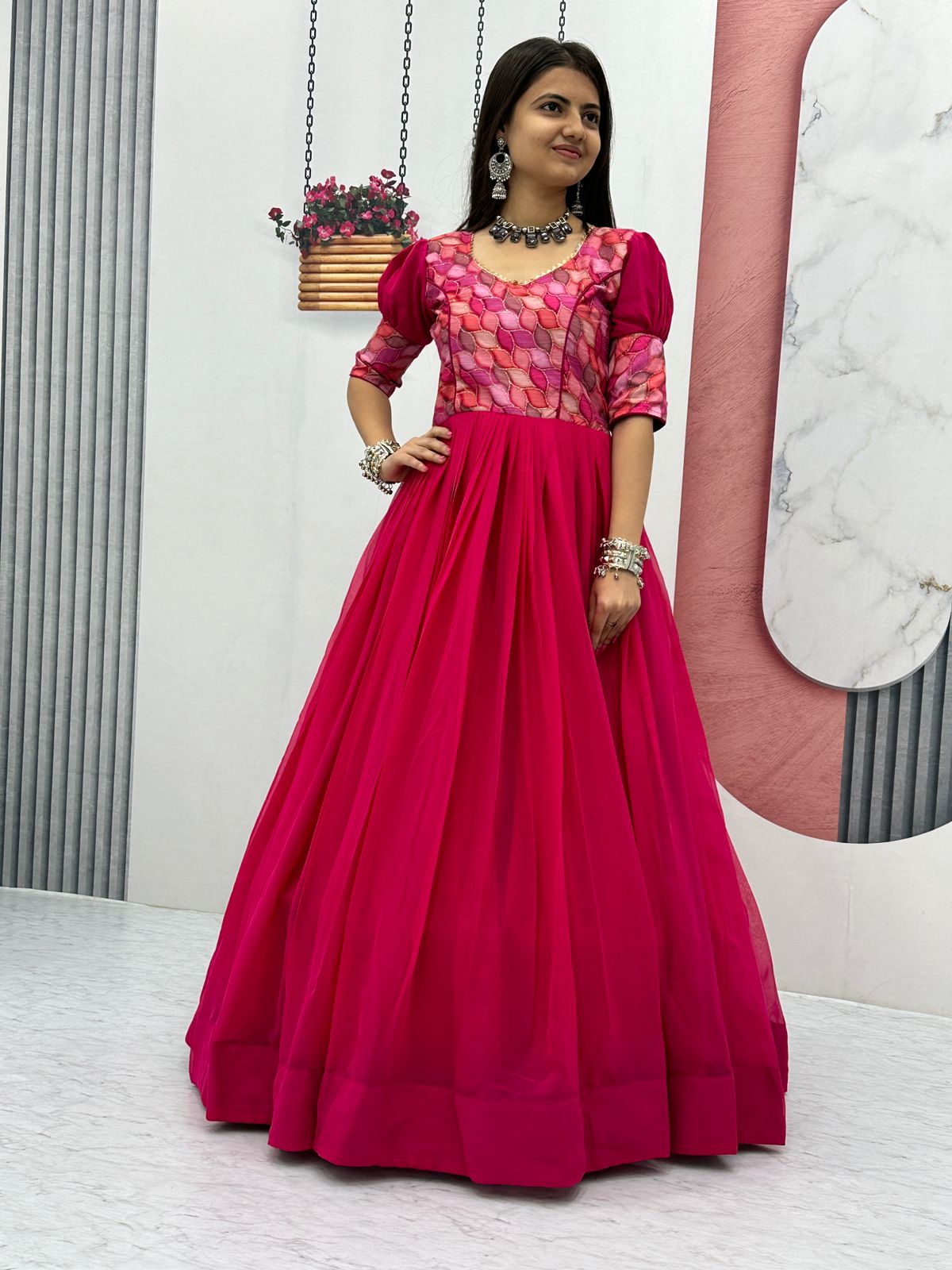 Beautiful Work Pink Color Festive Long Gown