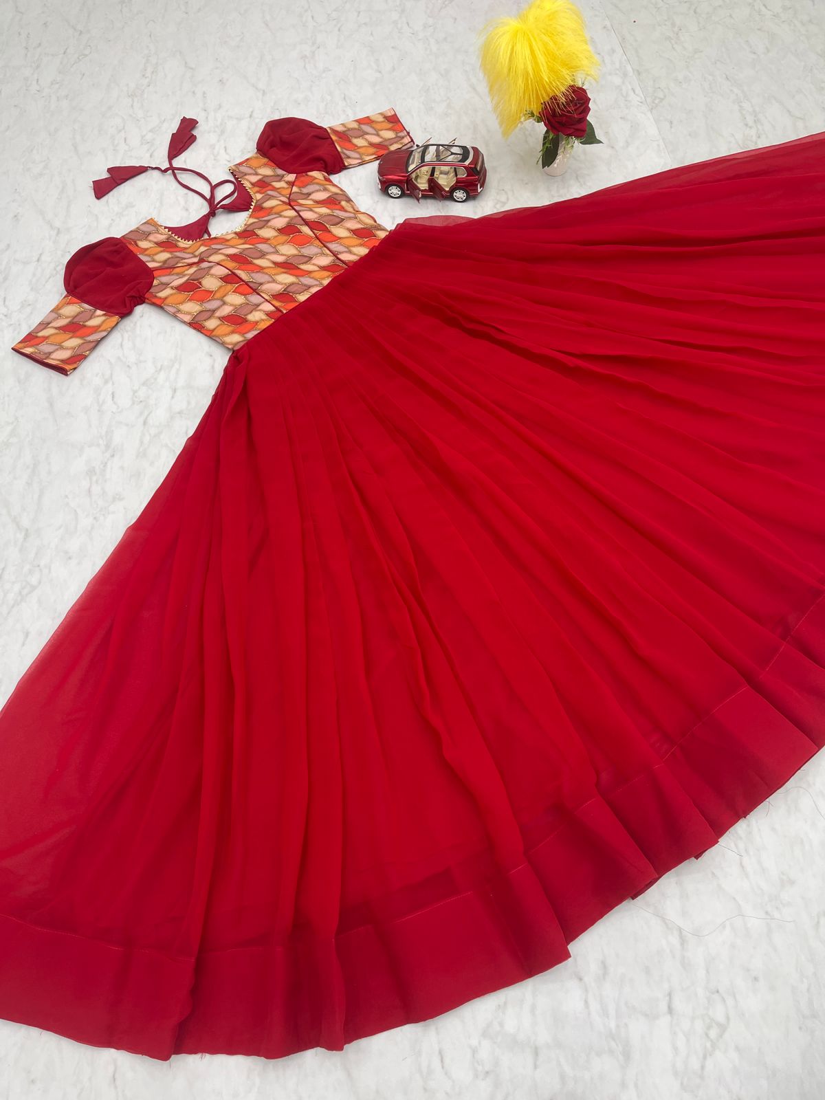 Beautiful Work Red Color Festive Long Gown