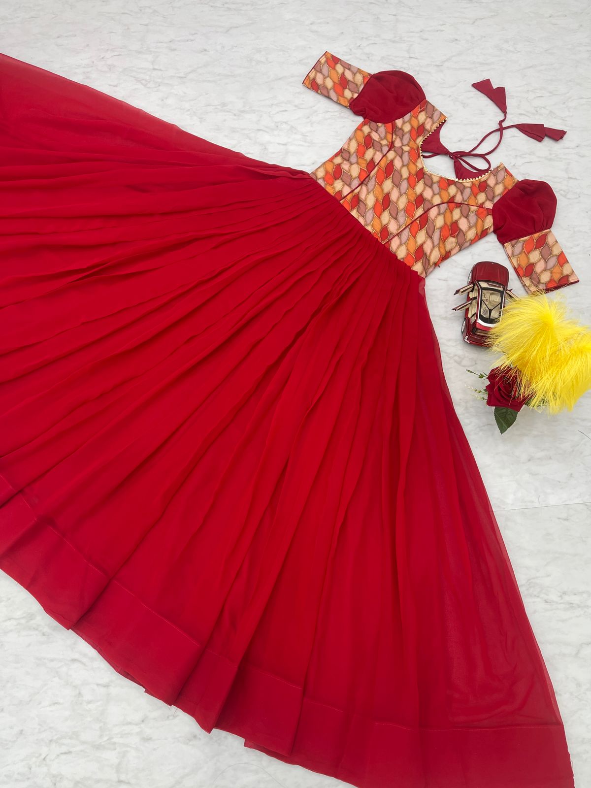 Beautiful Work Red Color Festive Long Gown