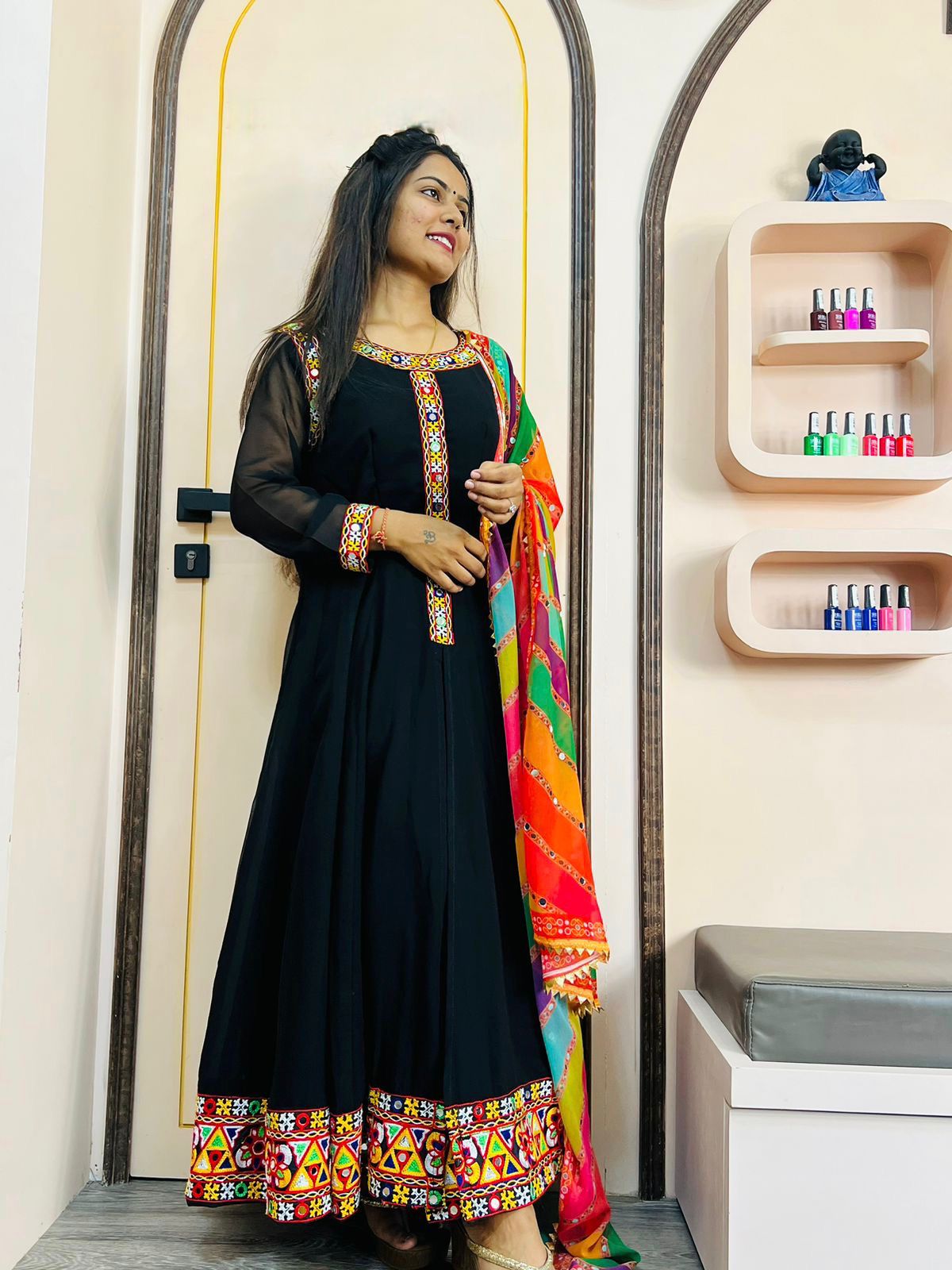 Black Beautiful Embroidery Work Gown With Multi Dupatta