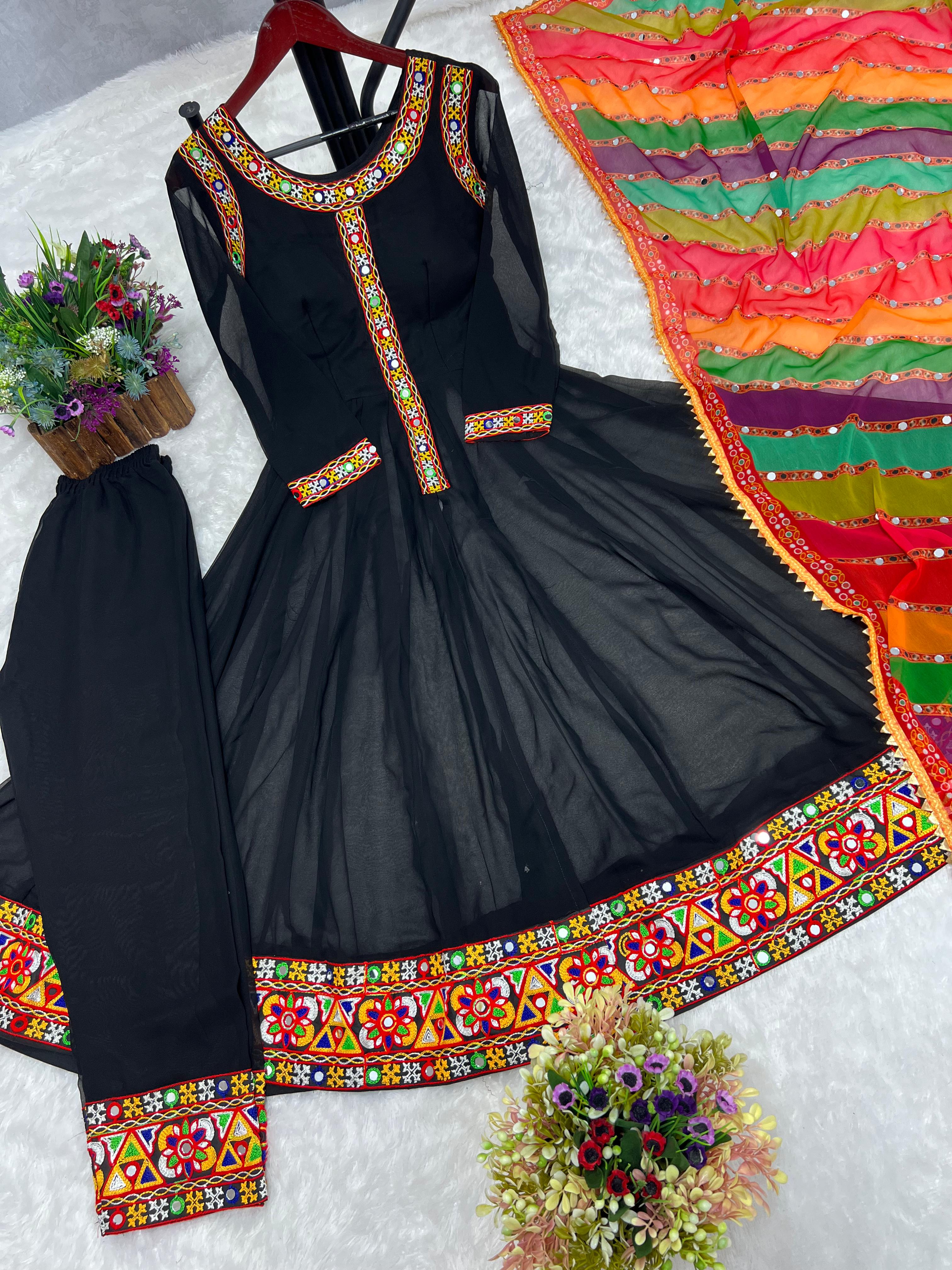 Black Beautiful Embroidery Work Gown With Multi Dupatta