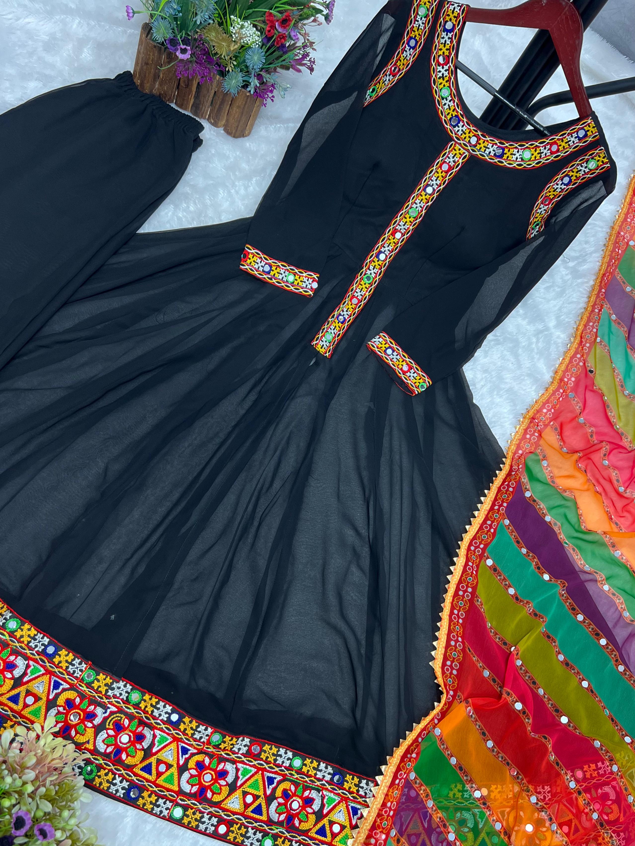 Black Beautiful Embroidery Work Gown With Multi Dupatta