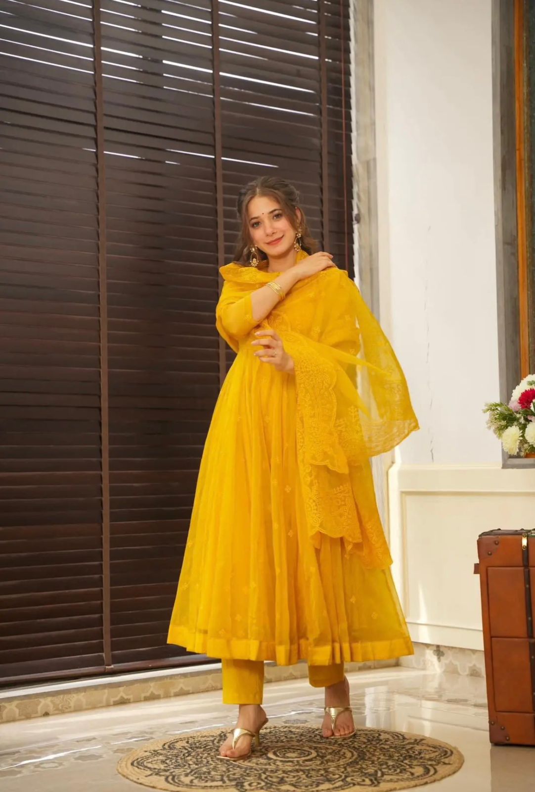 Elegant Georgette Yellow Color Embroidery Work Anarkali Gown