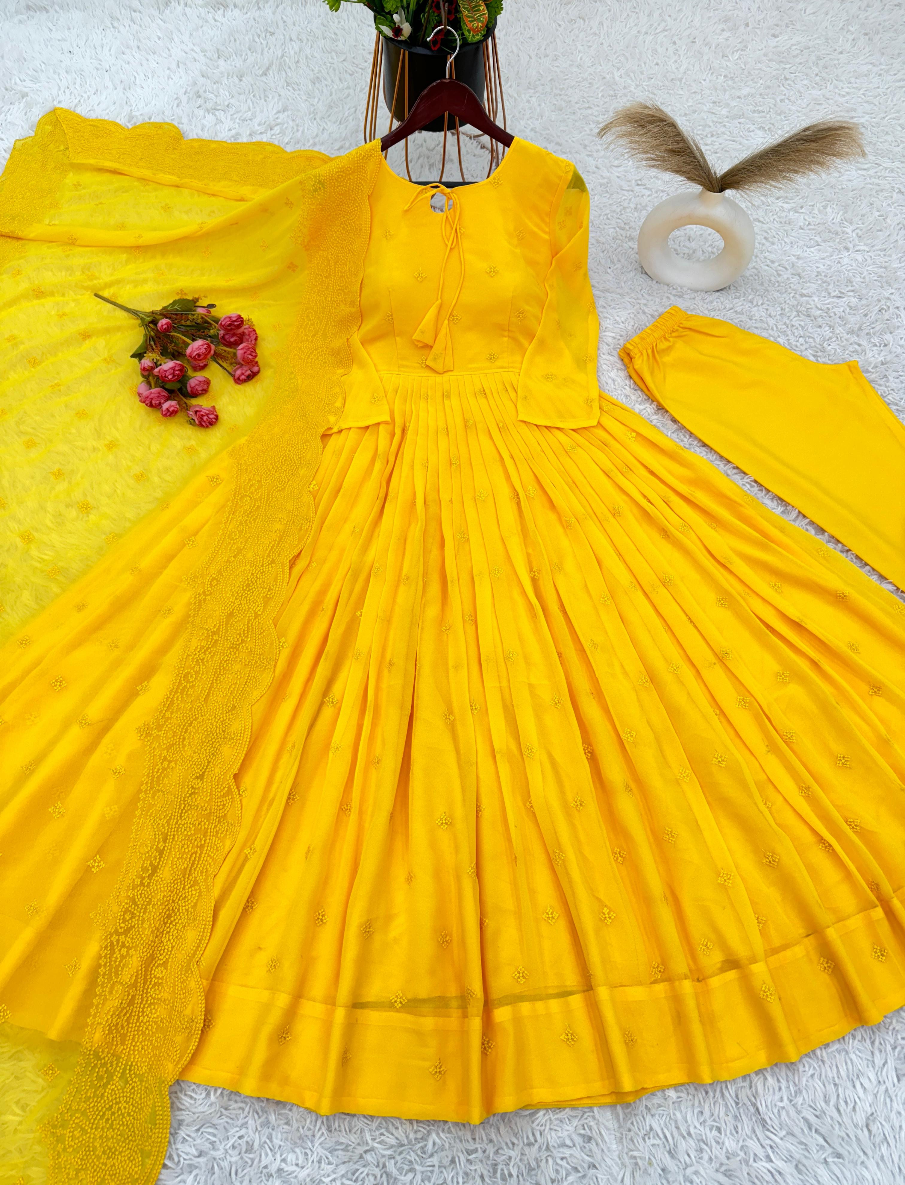 Elegant Georgette Yellow Color Embroidery Work Anarkali Gown