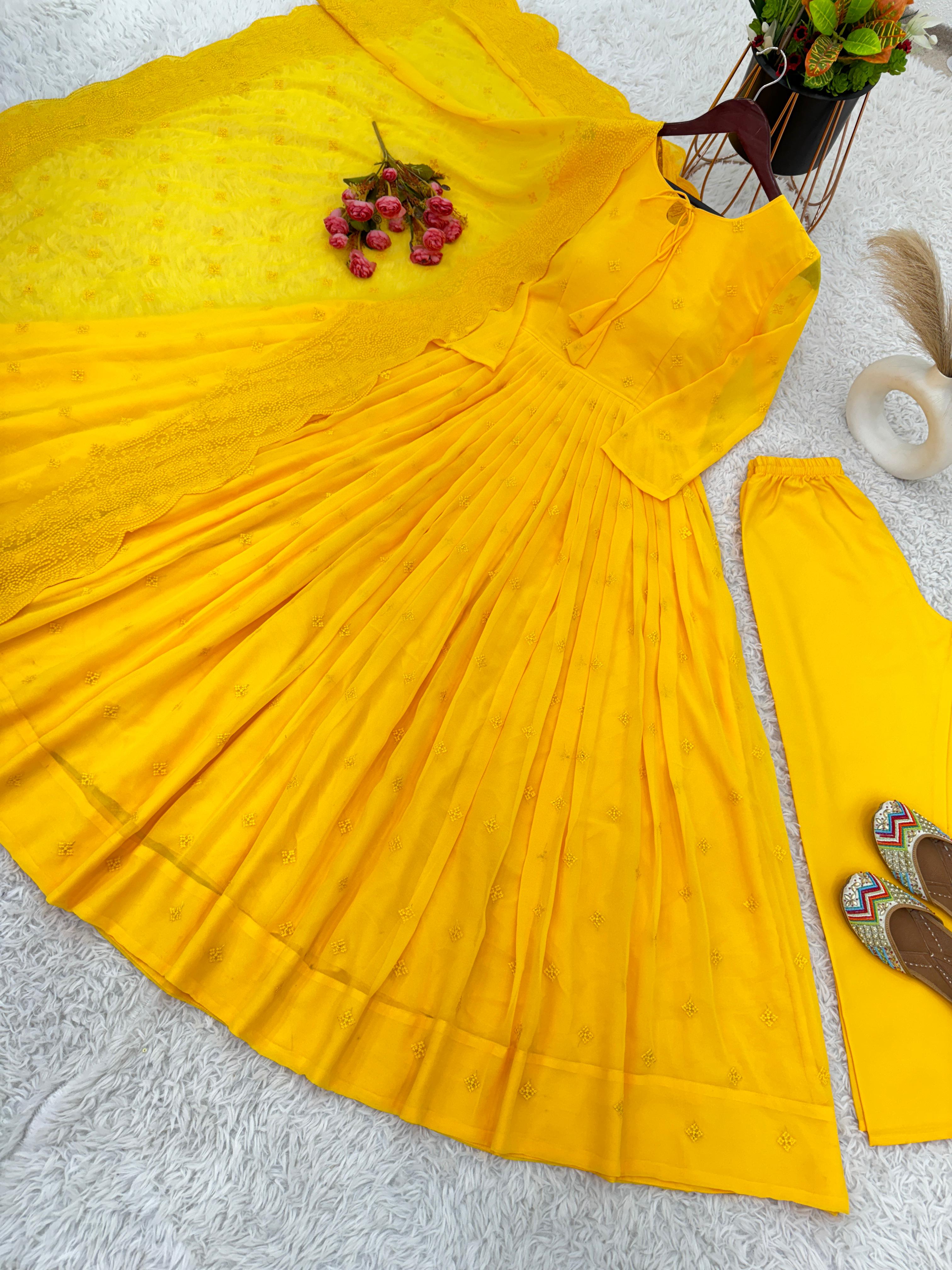 Elegant Georgette Yellow Color Embroidery Work Anarkali Gown