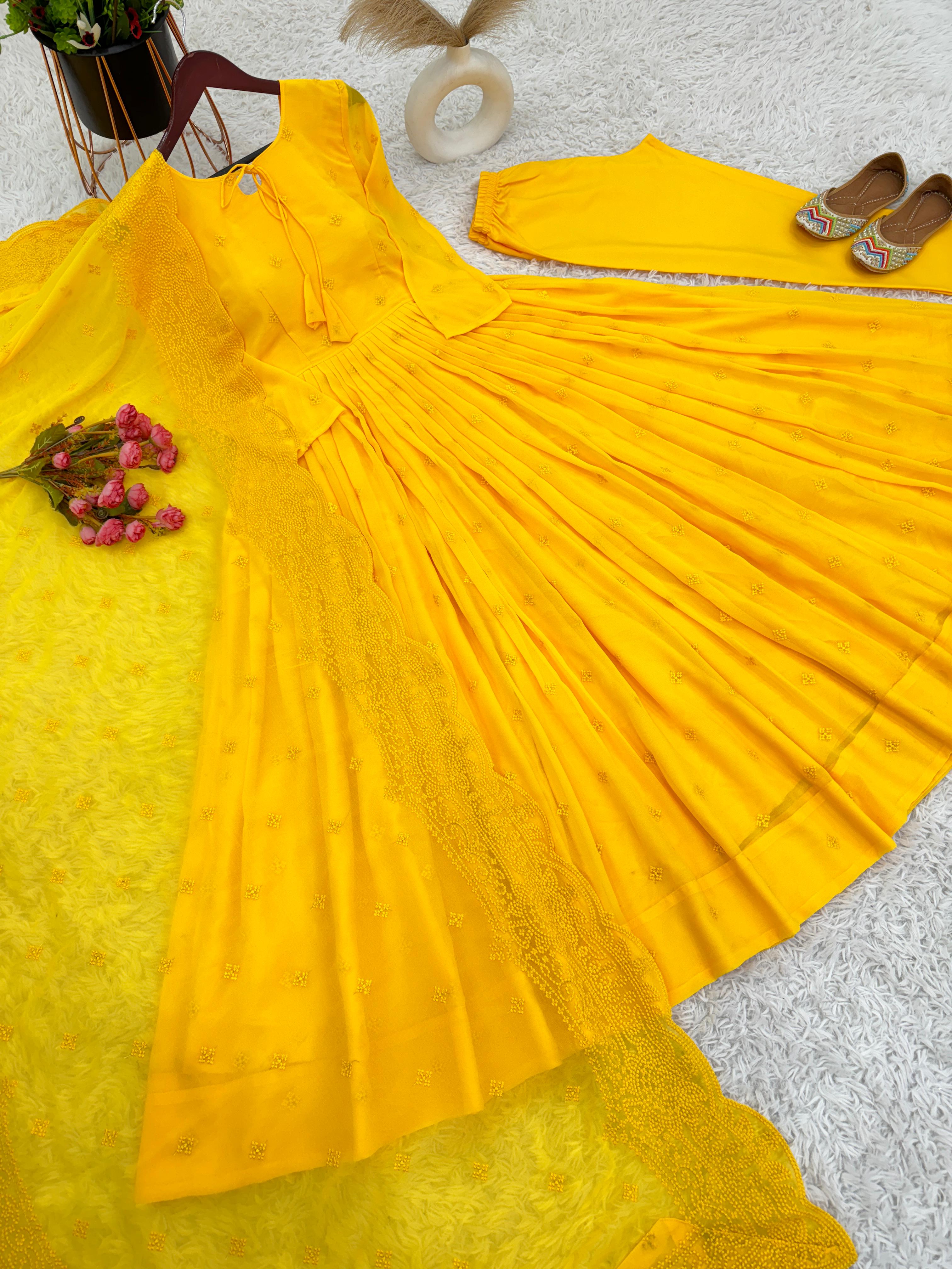 Elegant Georgette Yellow Color Embroidery Work Anarkali Gown