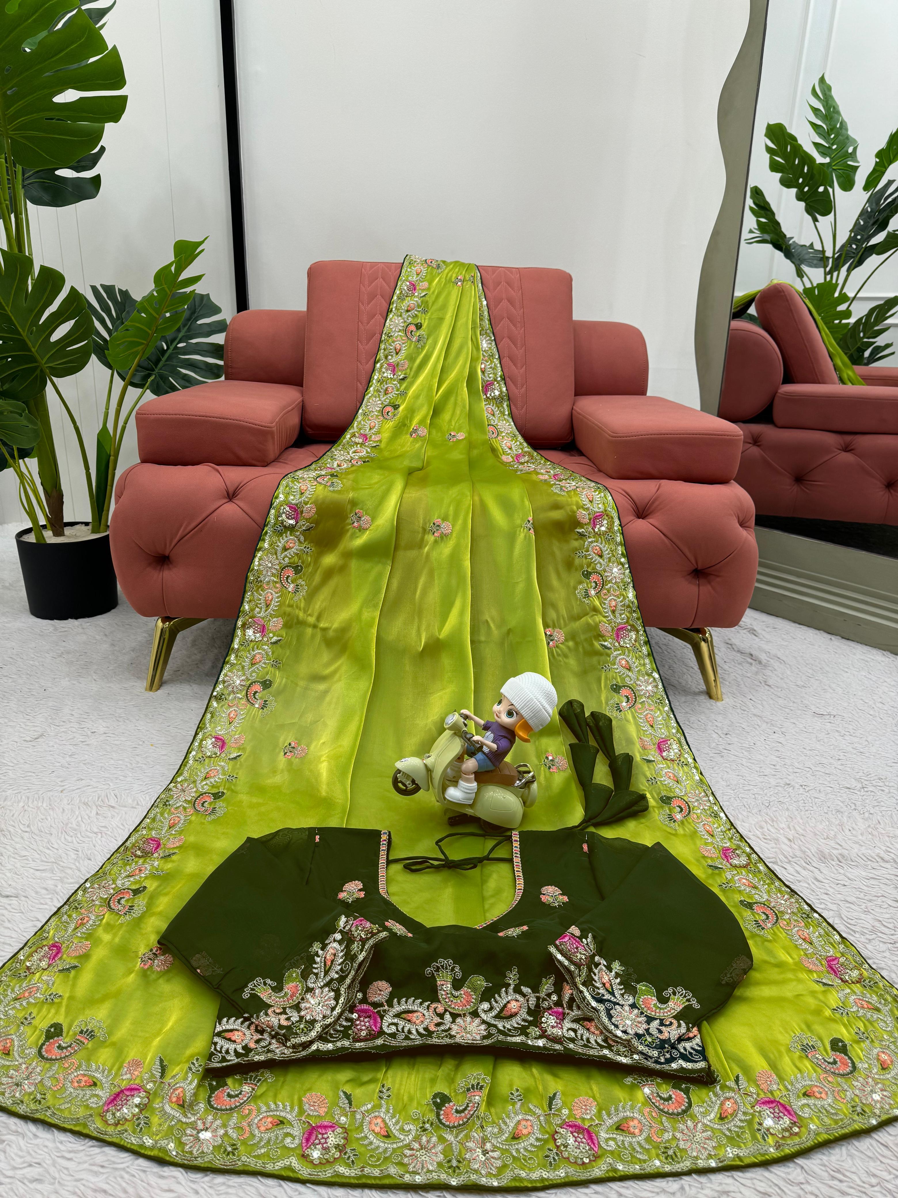 Presenting Green Color Heavy Sequence Work Saree