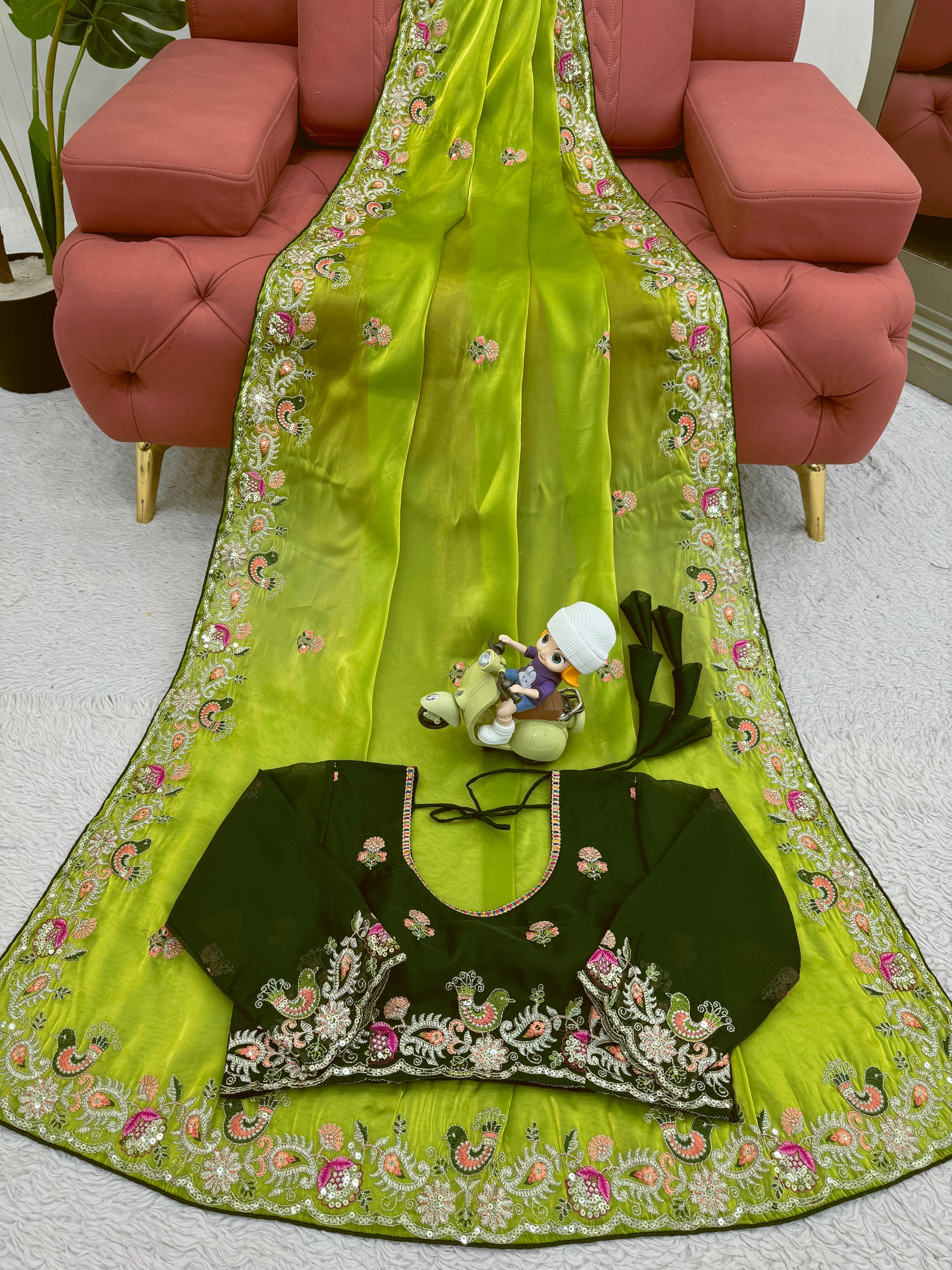 Presenting Green Color Heavy Sequence Work Saree