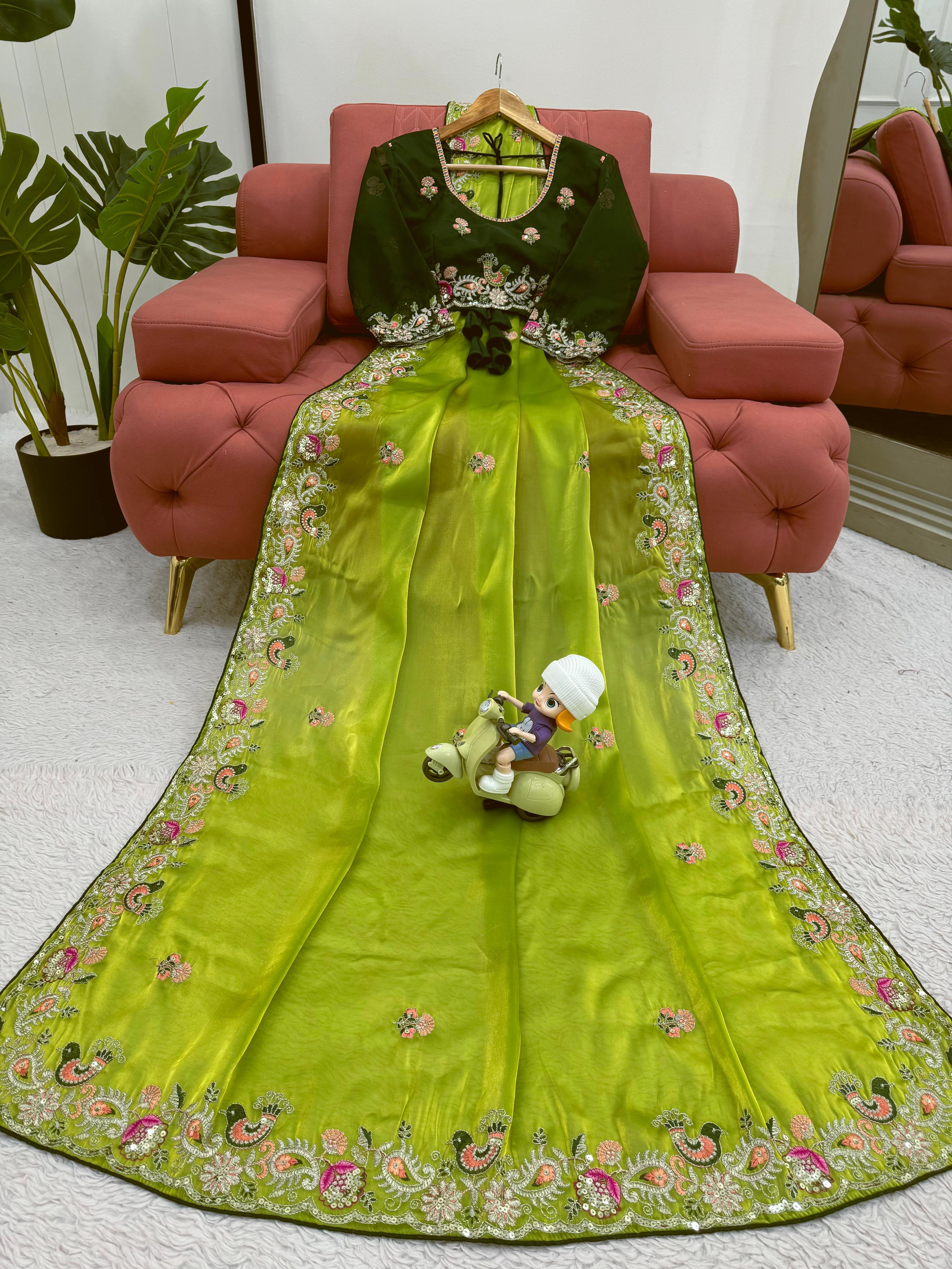 Presenting Green Color Heavy Sequence Work Saree