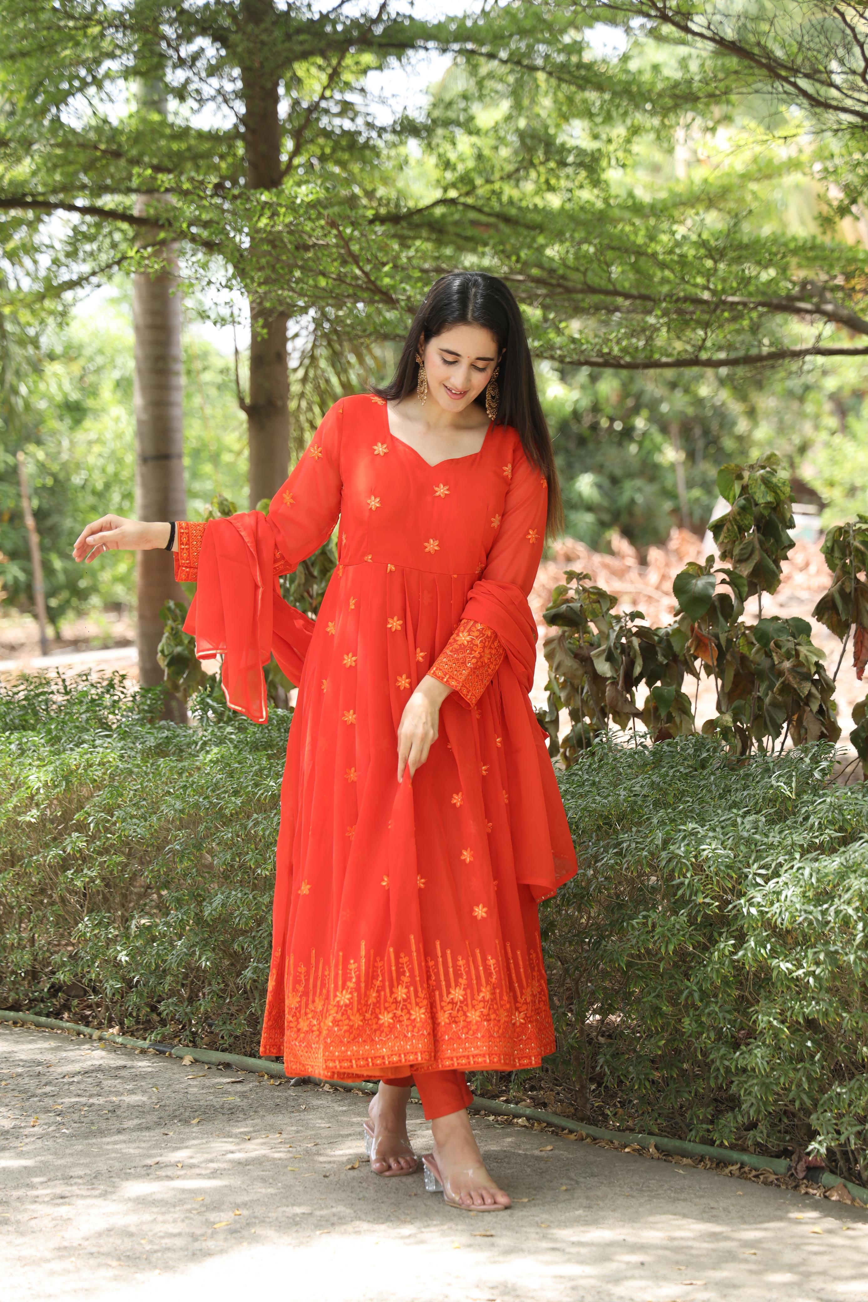 Stylish Red Color Zari With Multi Embroidery Work  Anarkalii Suit