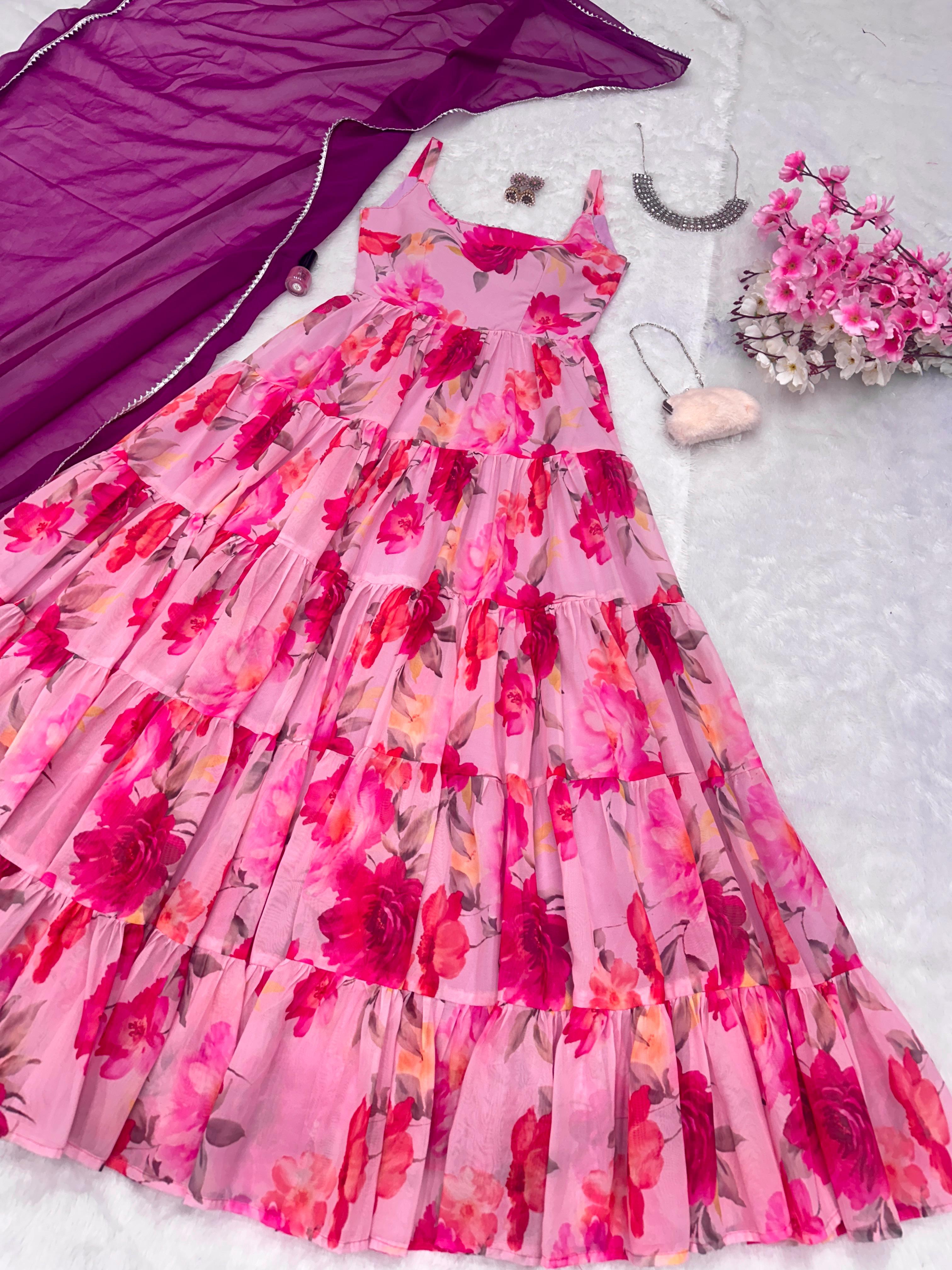 Pink Ruffle Flair Flower Design Georgette Long Gown